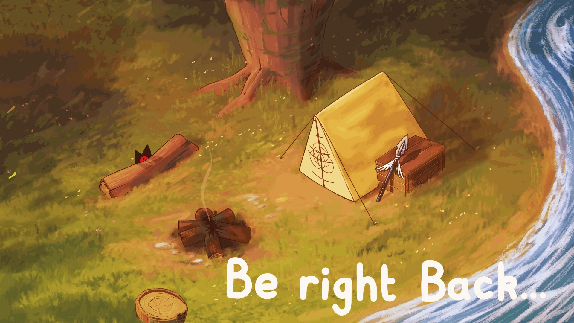 An animated "brb" scene featuring an open clearing underneath a tree with a river to the right. A tent is erected next to a camp-fire  and a fallen log. 