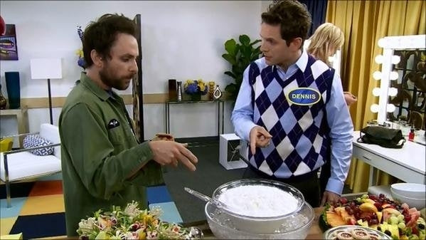 Charlie and Dennis from iasip from the family feud episode, Charlie is asking "What is this enticing bowl of white?" Referring to a huge bowl of cottage cheese