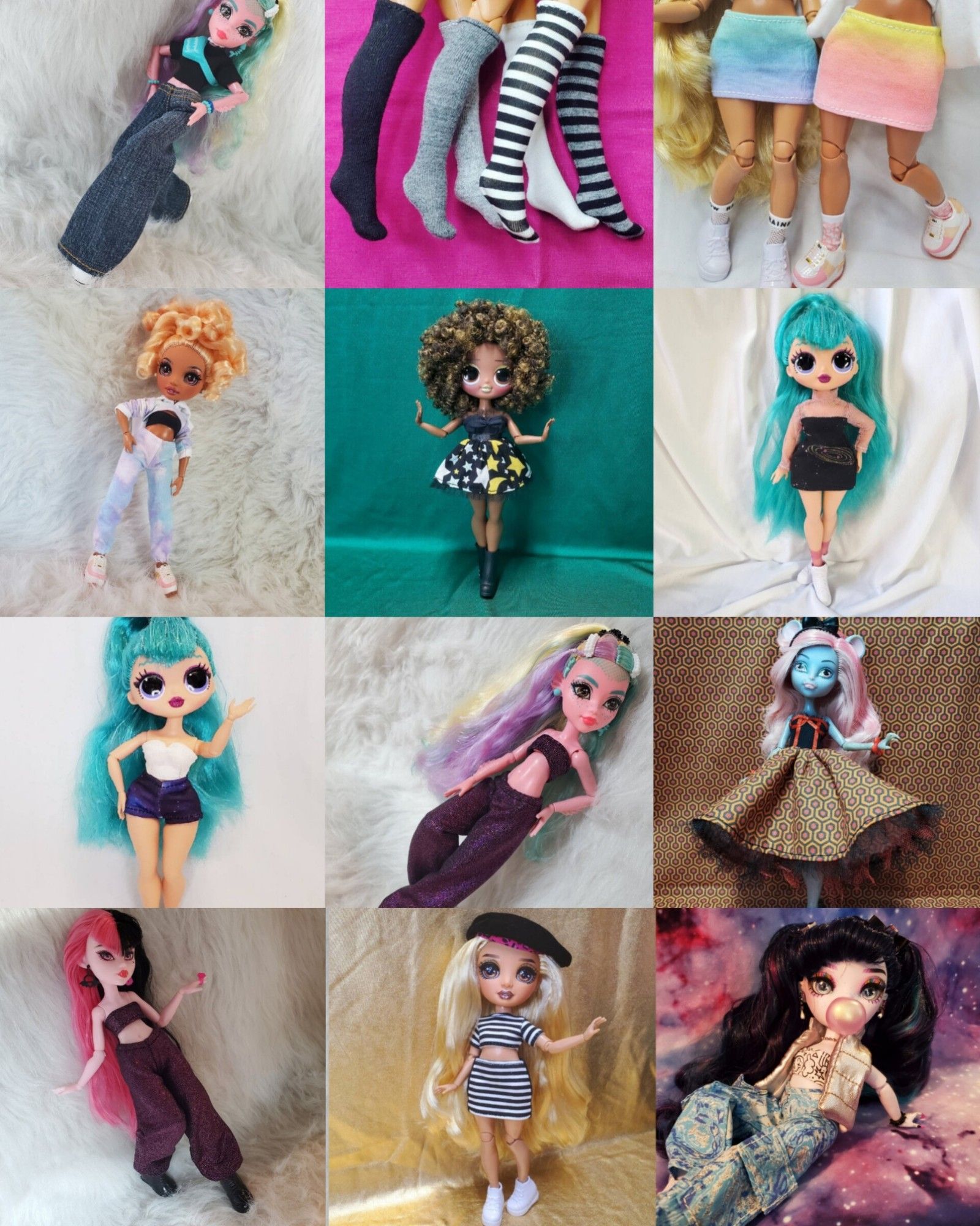 A 3 by 4 grid of handmade doll clothes for g1  monster high, g3 monster high, rainbow high, and OMGLOL dolls