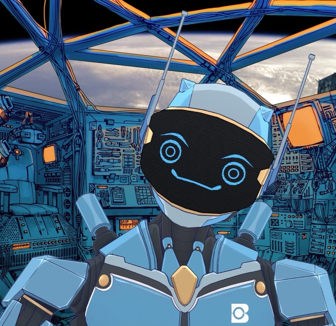 A blue humanoid robot on a space station tilts his head inquisitively and smiles at the camera