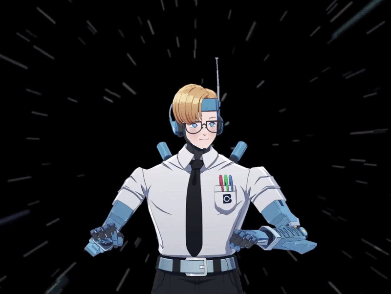 A humanoid robot wearing a shirt and tie does finger guns and spreads his arms in a welcome and inviting manner 