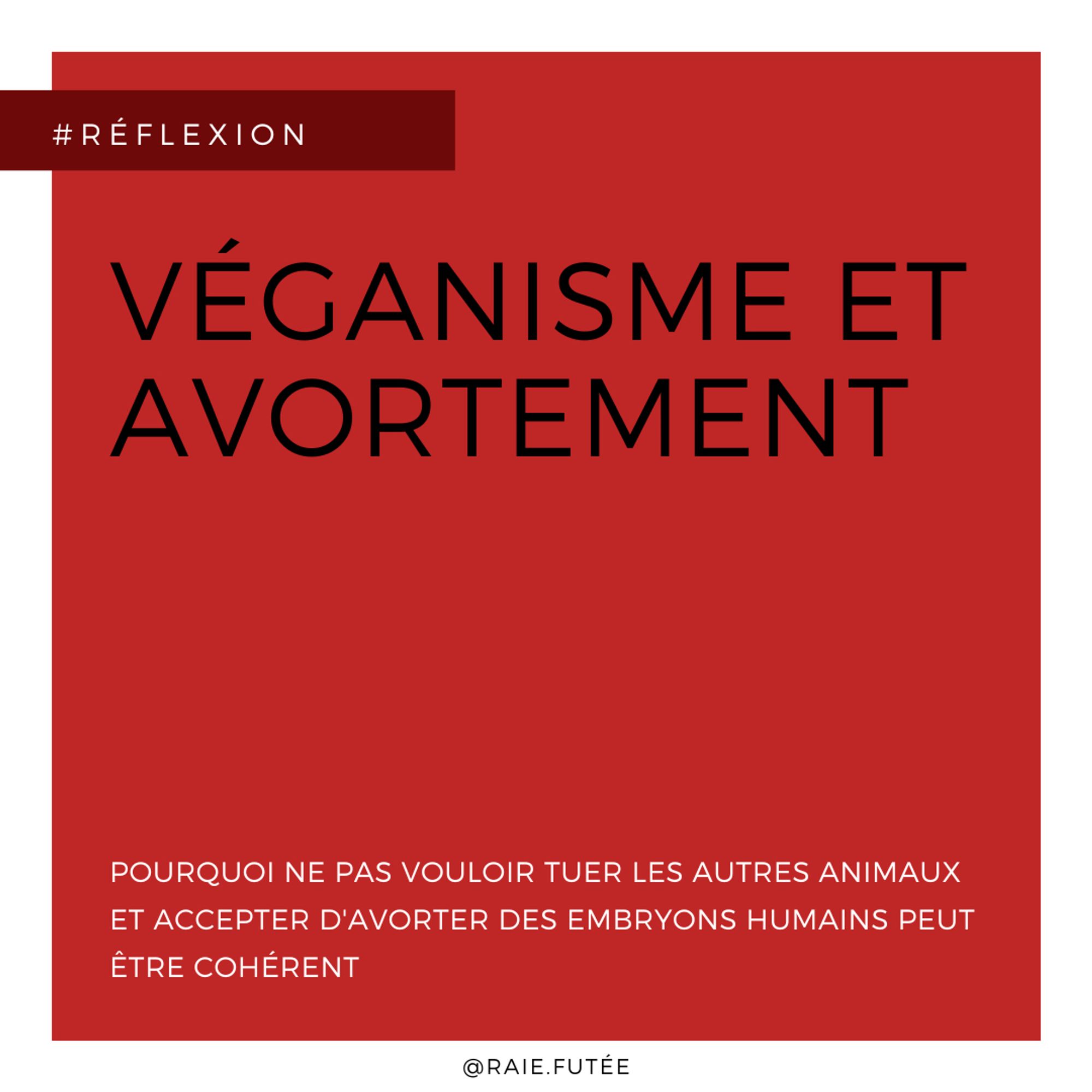 Sur un fond rouge est écrit en noir "Véganisme et avortement". En écriture blanche plus petite, en bas de l'image, on peut lire "pourquoi ne pas vouloir tuer les autres animaux et accepter d'avorter des embryons humains peut être cohérent"