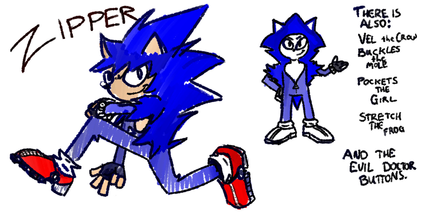 A drawing of a cool spiky blue hedgehog guy with blue pants, red shoes, biker gloves, and notably legally distinct from Sonic the Hedgehog in a few key notable ways. He wears a blue jumpsuit that has a zipper on the front that is halfway zipped down, showing off his chest, and he also has jagged blue quills on his back.

Text on the screen reads:

Zipper

There is also Vel the Crow, Buckles the Mole, Pockets the Girl, Stretch the Frog, and the evil Doctor Buttons.