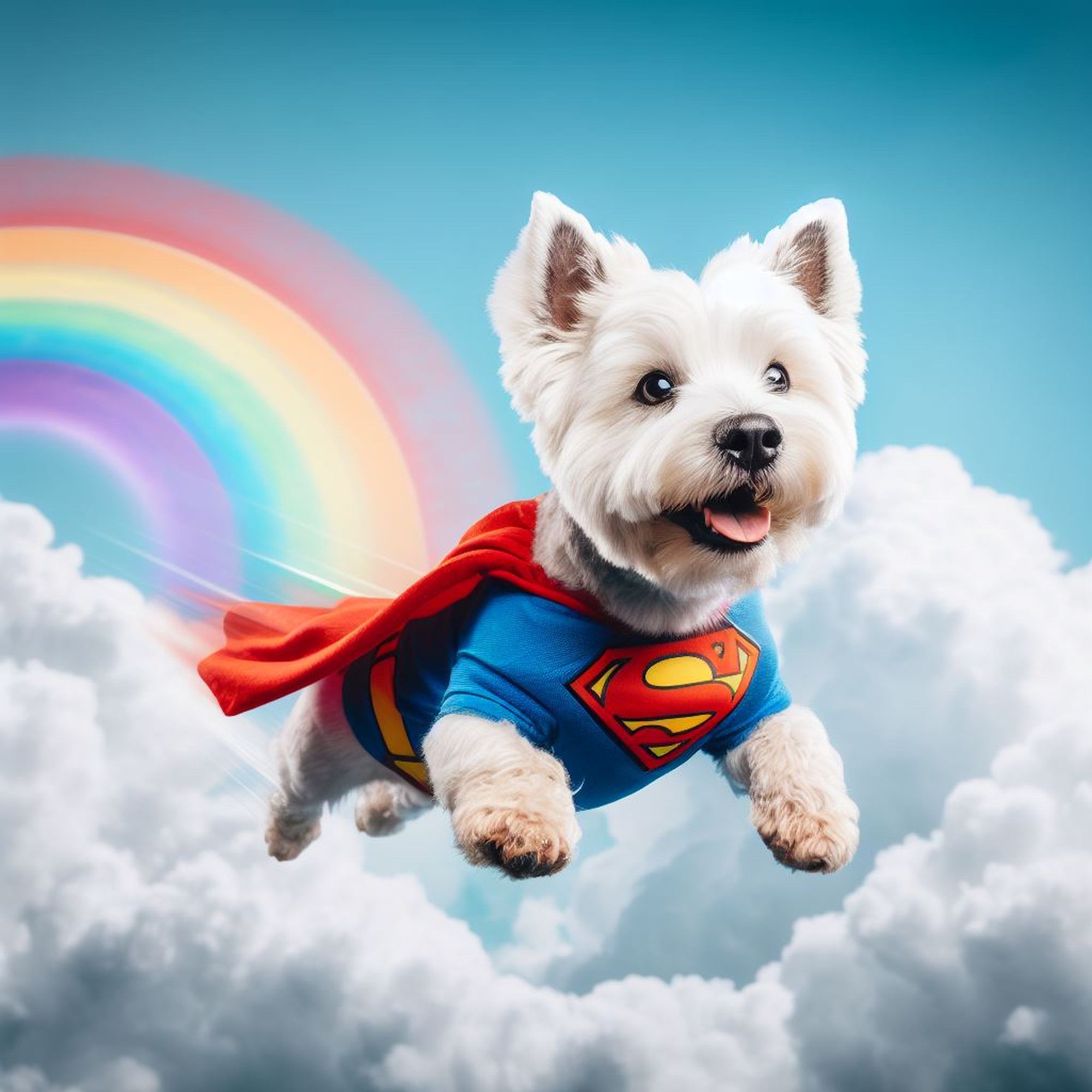 XPet Bonnie in super hero outfit flying across a blue sky with rainbow and white fluffy clouds behind her.