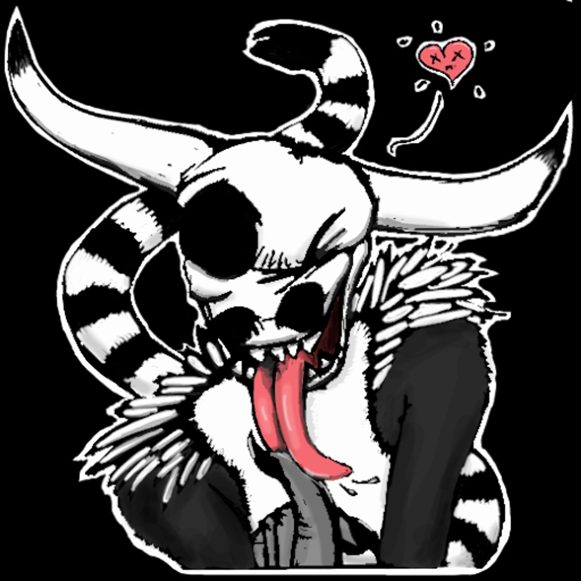 a little cute demon with a ringtail licking playfully on its finger and smirking