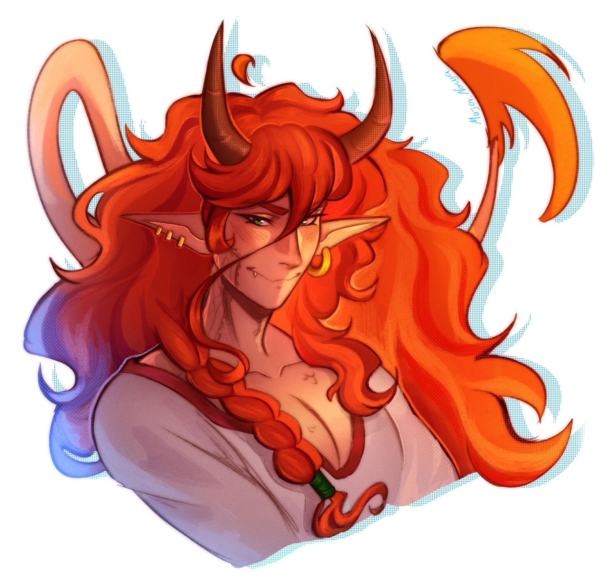 Perelesnyk
OC inspired by Ukrainian spirit of fire and temptation. He has long ginger hair, horns, green eyes, scales on his skin and earrings 🔥