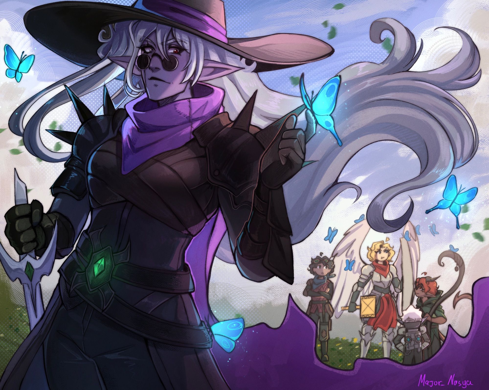 A sunny spring morning. The wind is blowing gently through the long white hair of a dark elf. Her name is Kairai, and she is standing in the foreground, facing right, but looking at her left hand, where a blue butterfly is sitting. She wears a large black hat with a purple band, round black glasses, a scar on the right side of her face, and drow black armor. Her eyes are two-colored: the left eye is red and the right one, where the scar is, is pale purple

On the background is a group of four characters as chibis. There is a winged girl named Raven (an Aasimar), a demon-like girl named Ruby, and two new characters whose names I haven't made up yet, but they are a human rogue and a deep gnome artificer. There are a lot of butterflies flying around