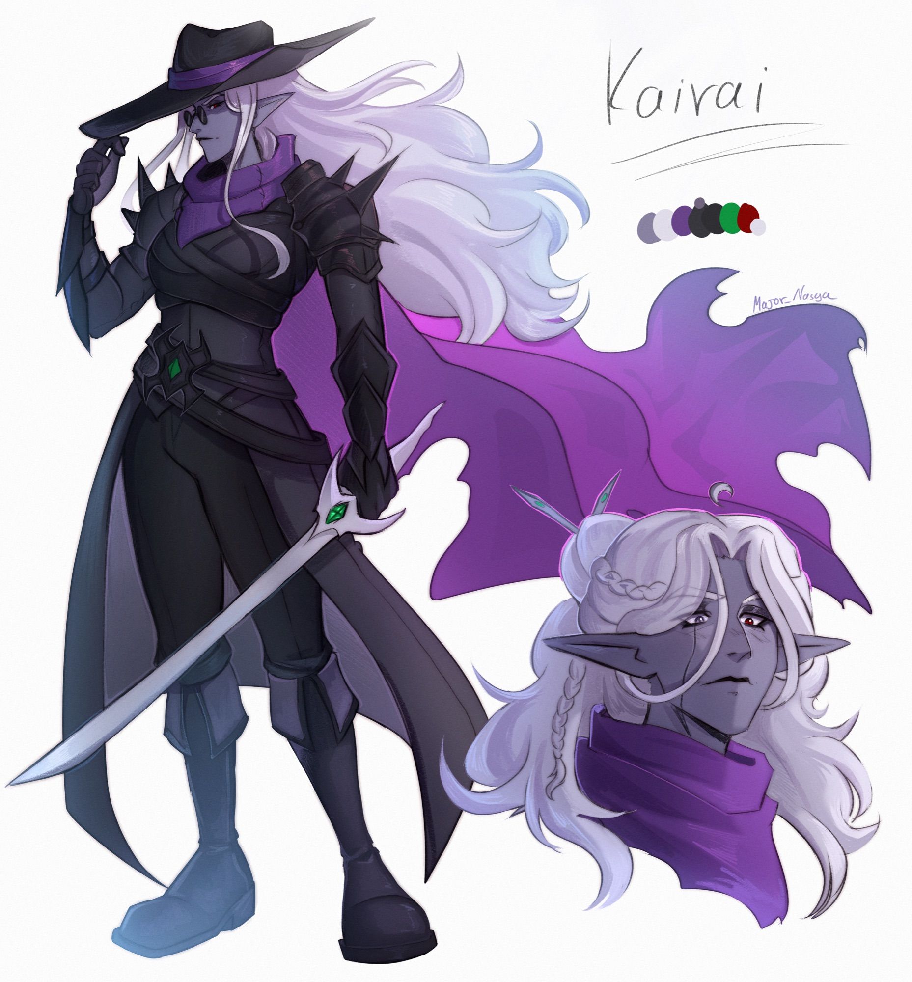 Kairai
My dnd drow fighter who left Menzoberranzan because of reasons ∠( ᐛ 」∠)＿ 
Drow are dark elves with purple skin of different shades and depth. They mostly have white hair and red eyes. They live in the Underdark (the world beneath the surface, like a large large caves) in different cities. One of the most famous of them is Menzoberranzan. They worship to Lolth (spider queen), a chaotic evil deity and they are literally one of the most evil races in dnd.  
Here is her reference sheet, where she is in her canon (after leaving) look. She wears a big black hat, drow armour and a large purple cloak