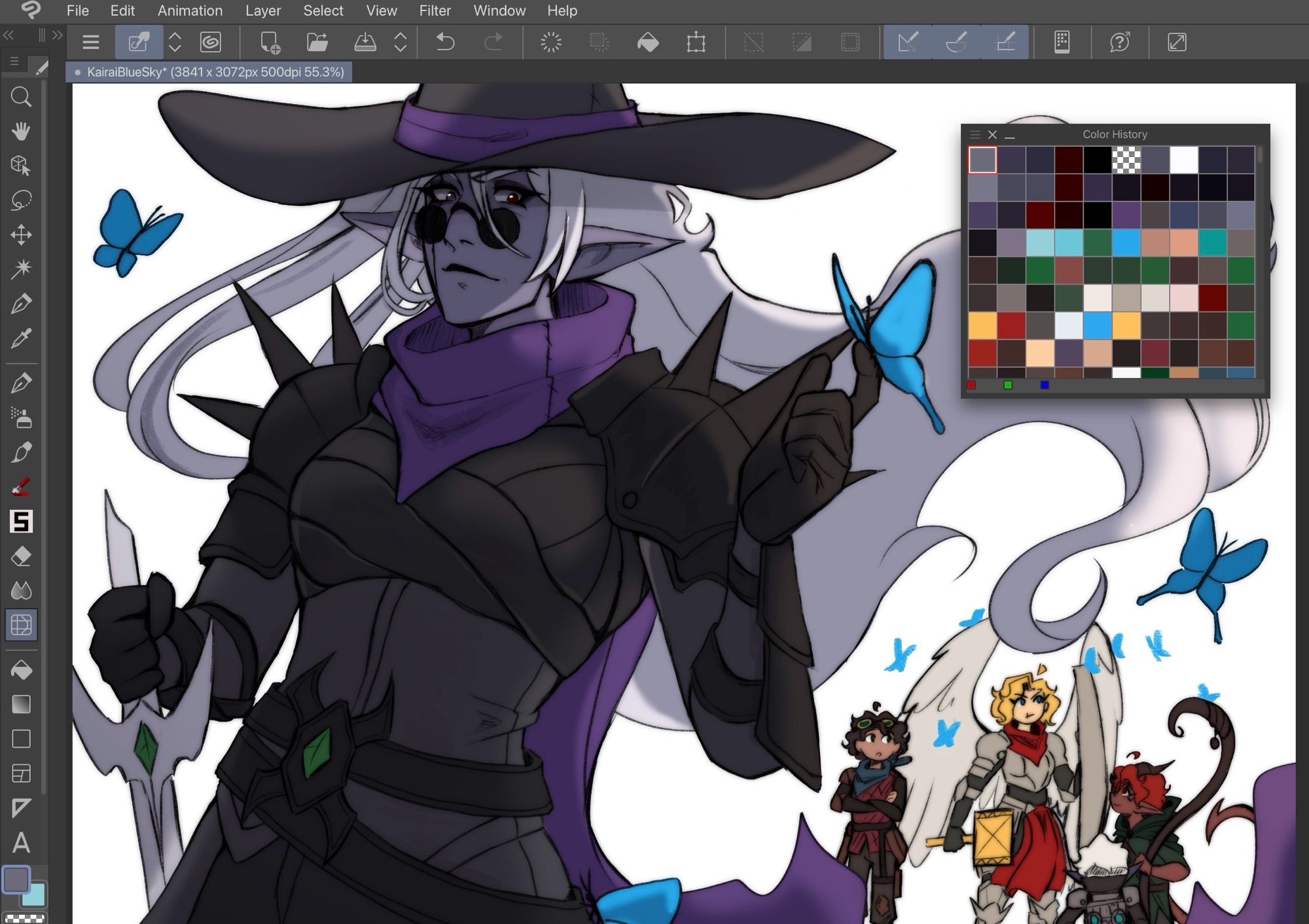 Lineart of a dark elf character standing in the foreground, facing right but looking at her left hand where a butterfly sits. The dark elf character's name is Kairai, she has a large hat, round black glasses, a scar on the right side of her face, and drow black armor
On the background is a group of four characters as chibis. There is a winged girl named Raven (an Aasimar), a demon-like girl named Ruby, and two new characters whose names I haven't made up yet, but they are a human rogue and a deep gnome artificer. There are a lot of butterflies flying around them