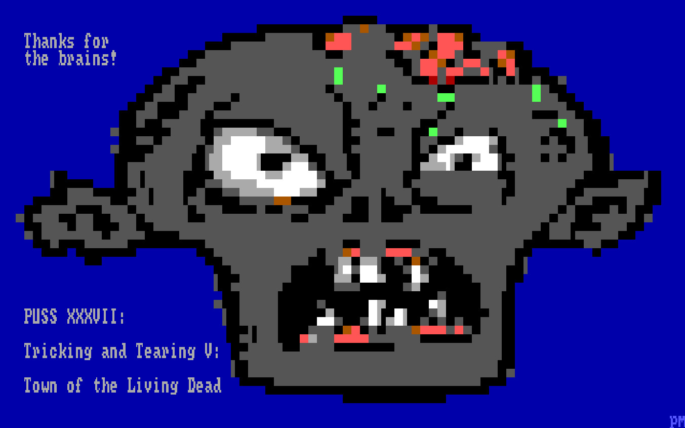 We are looking at a custom ENDOOM screen. An ENDOOM is a 1993's technology end screen of Doom. It's mostly used to type words but you can also create shapes in the very limited color palette. This one features an angry zombie face, exposed brains visible. It looks like it wants to take a bite from our beautiful gray thinking squiggles. There's some text next to the head: "Thanks for the brains!". O well. At least it's polite.