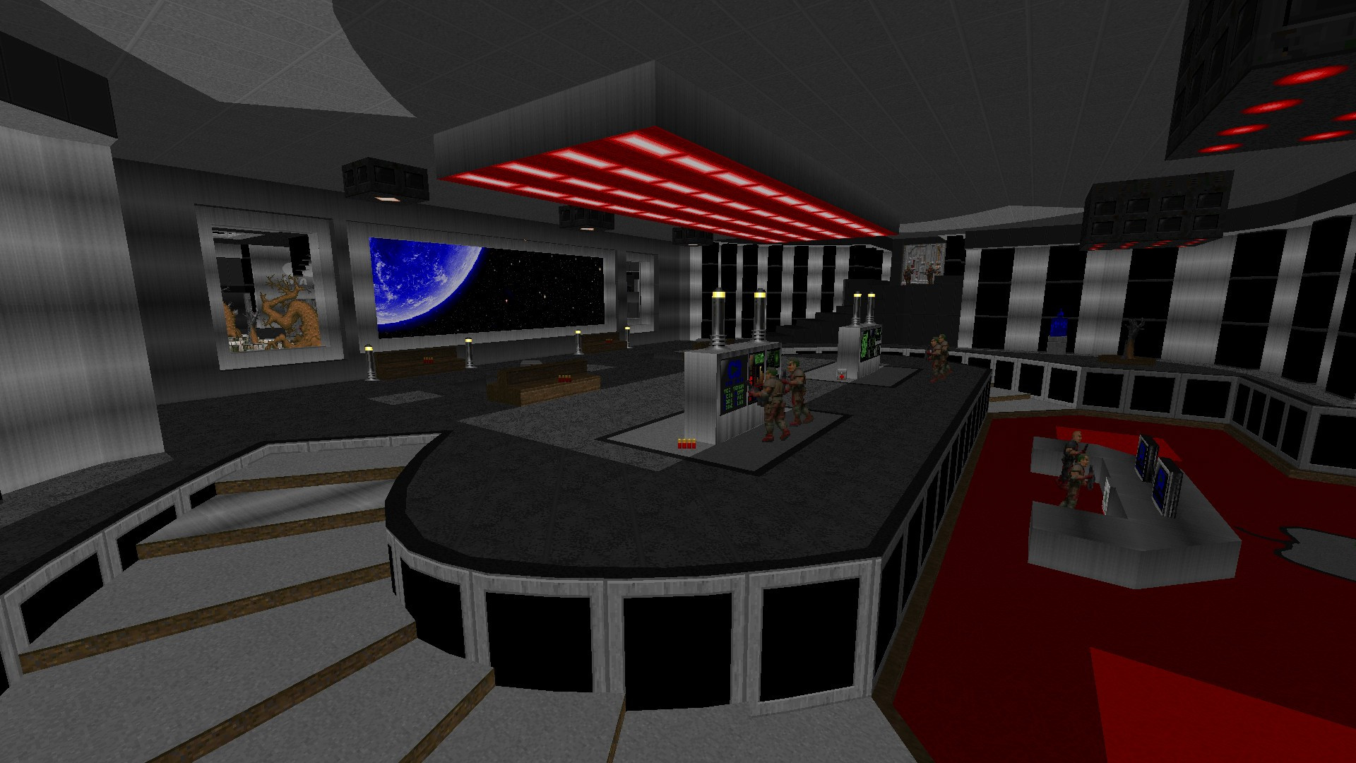 An office reception area, looking grand, dark and spacy with greys, reds and blacks everywhere. Some zombiemen can be seen looking at screens.