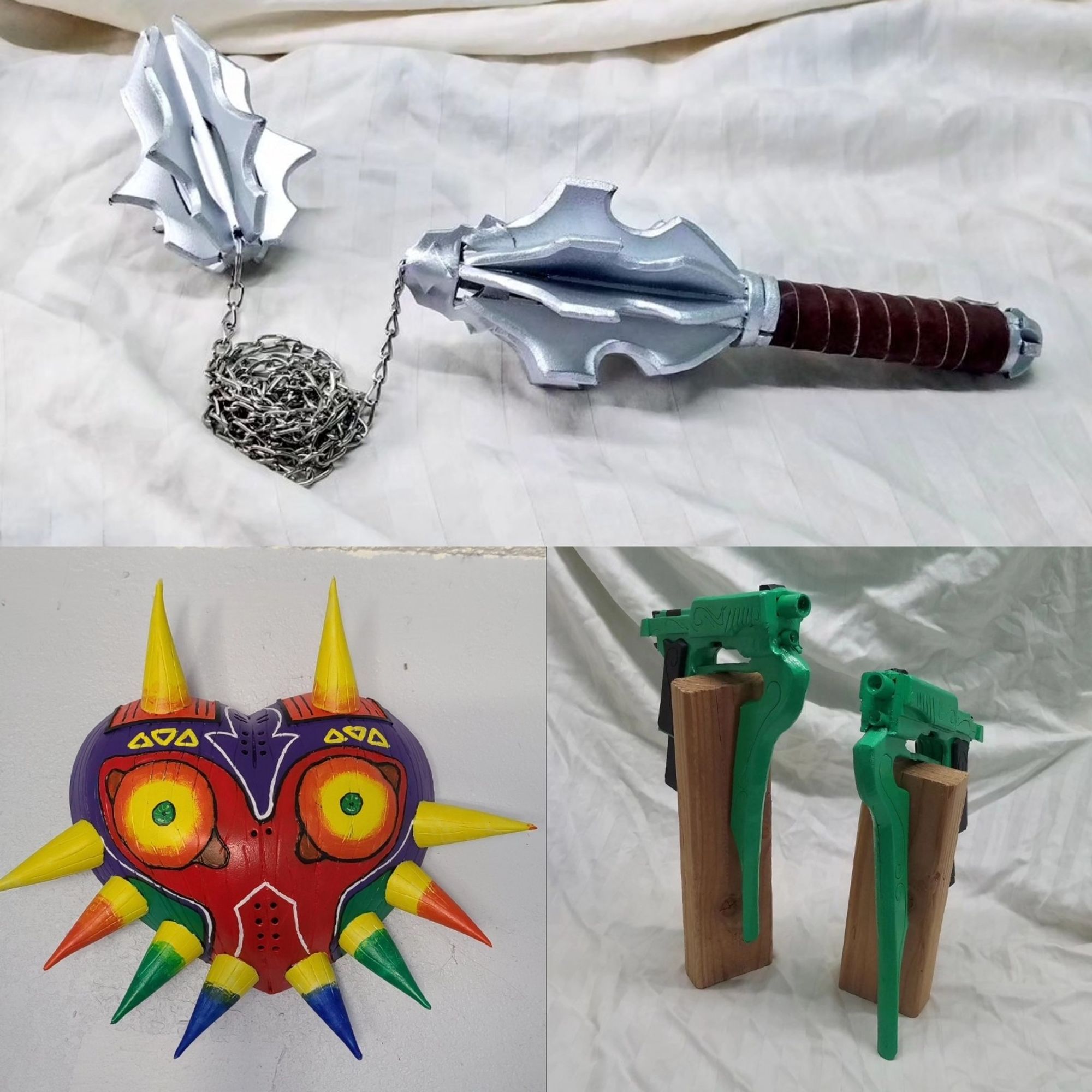 a collage of three pictures of foam cosplay props. Top: The Morningstar Whip from Castlevania; bottom left: Majora's Mask; bottom right: Lie Ren's Stormflower Pistols from RWBY.