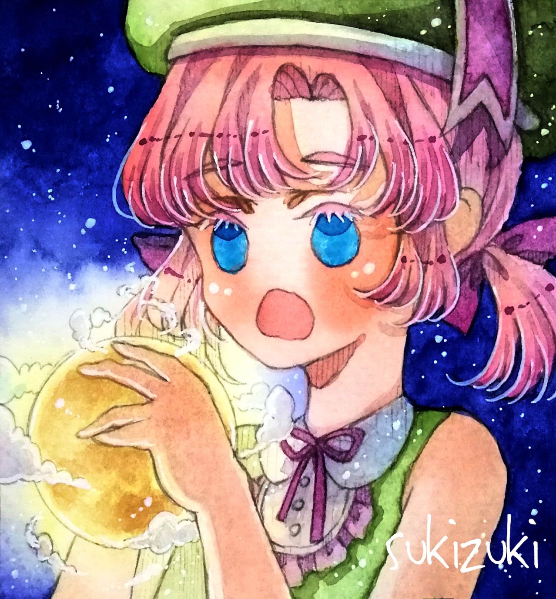 #oc #watercolor #illustration #moon #cute #pinkhair #girl #starrysky