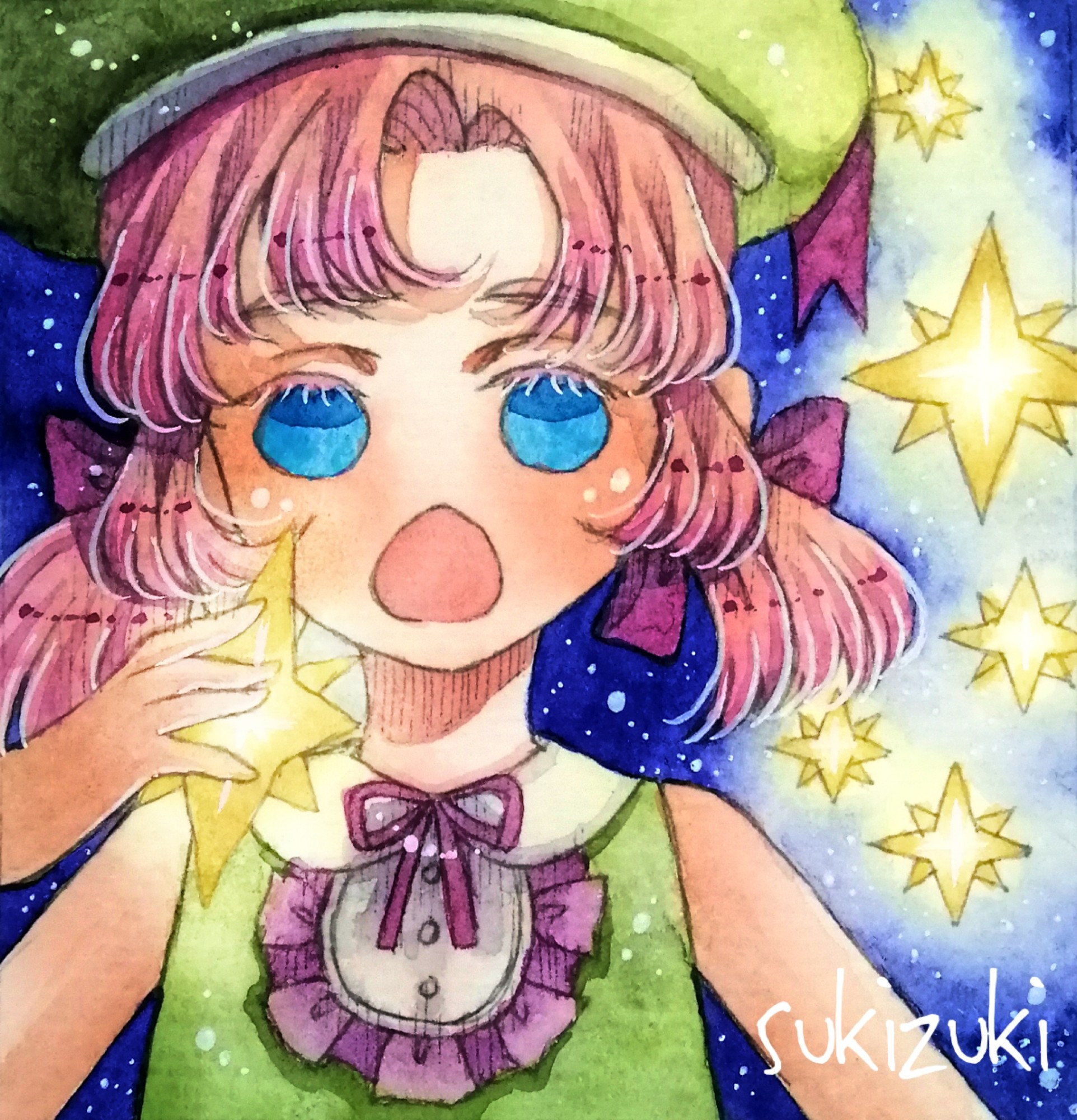 #oc #watercolor #illustration #star #cute #pinkhair #girl #starrysky