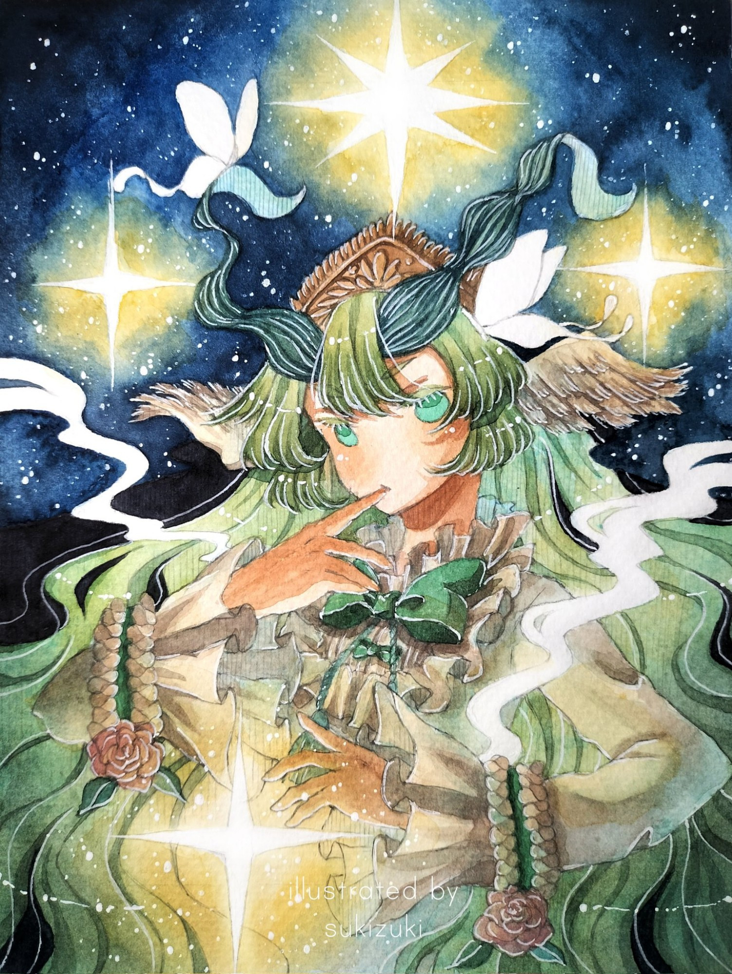 green long hair girl starry sky bright star