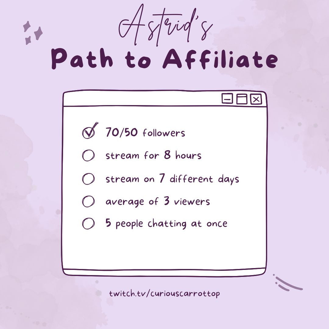 a purple graphic with the words "Astrid's path to affiliate" at the top and a goals list underneath. The goals are as follows: 70/50 followers (checked off); stream for 8 hours (not checked off); stream on 7 different days (not checked off); average of 3 viewers (not checked off); 5 people chatting at once (not checked off). Beneath the to-do list is the following link: twitch.tv/curiouscarrottop 