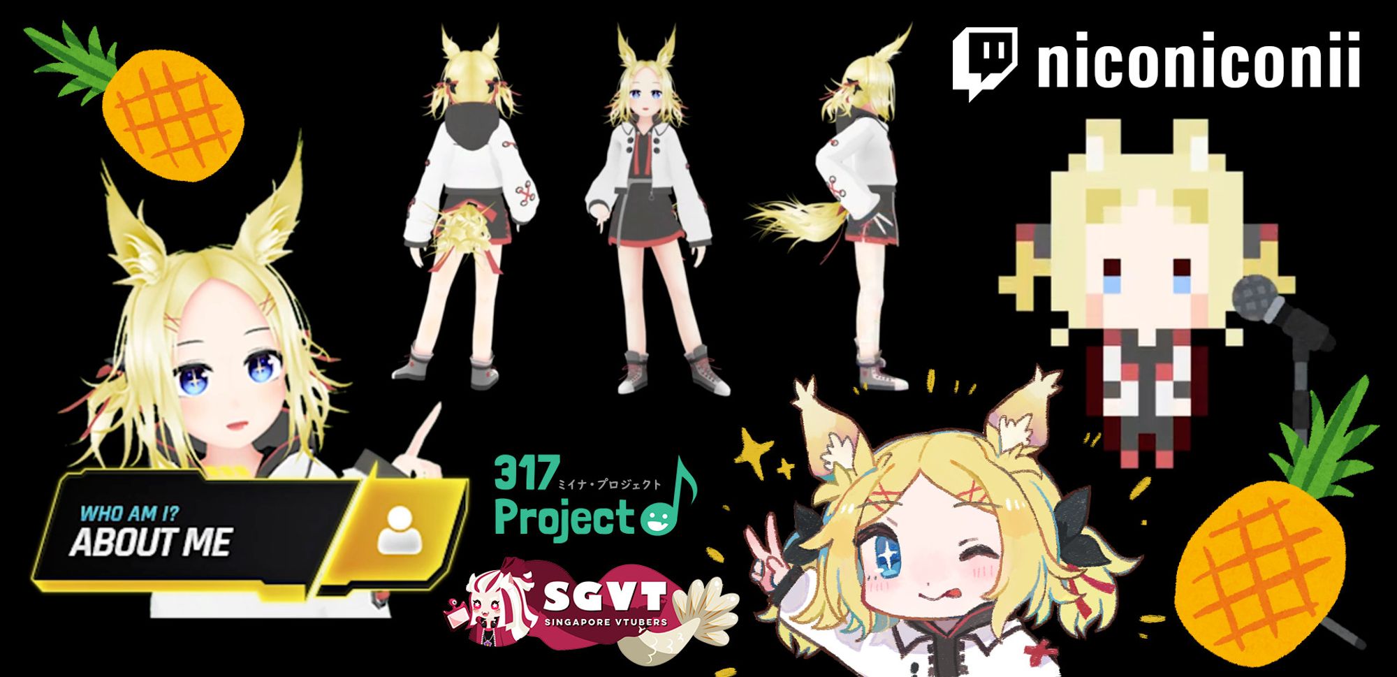 a character sheet of niconiconii, a fox vtuber with blonde hair, side-swept split bangs, short twintails, blue eyes with a starry sparkle, wearing a white jacket over a sporty black hooded one-piece, and with sneakers