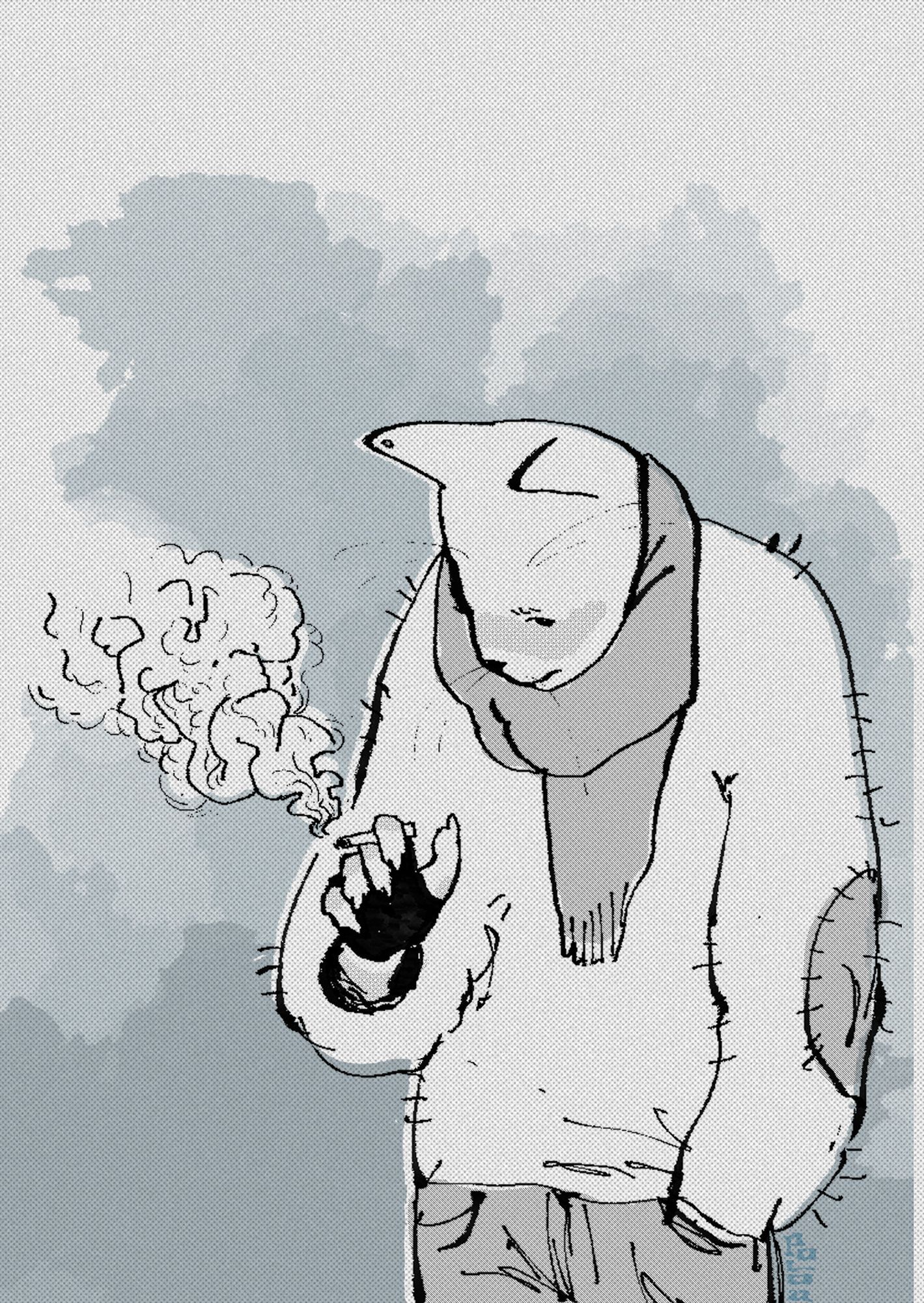 A monochromatic digital drawing of an anthropomorfic cat. They are wearinga scarf, a cozy and patchy sweater, some jeans, and fingerless gloves. Their left hand is in their pocket, and the other one is holding a roll-up cigarette between their middle and index finger.