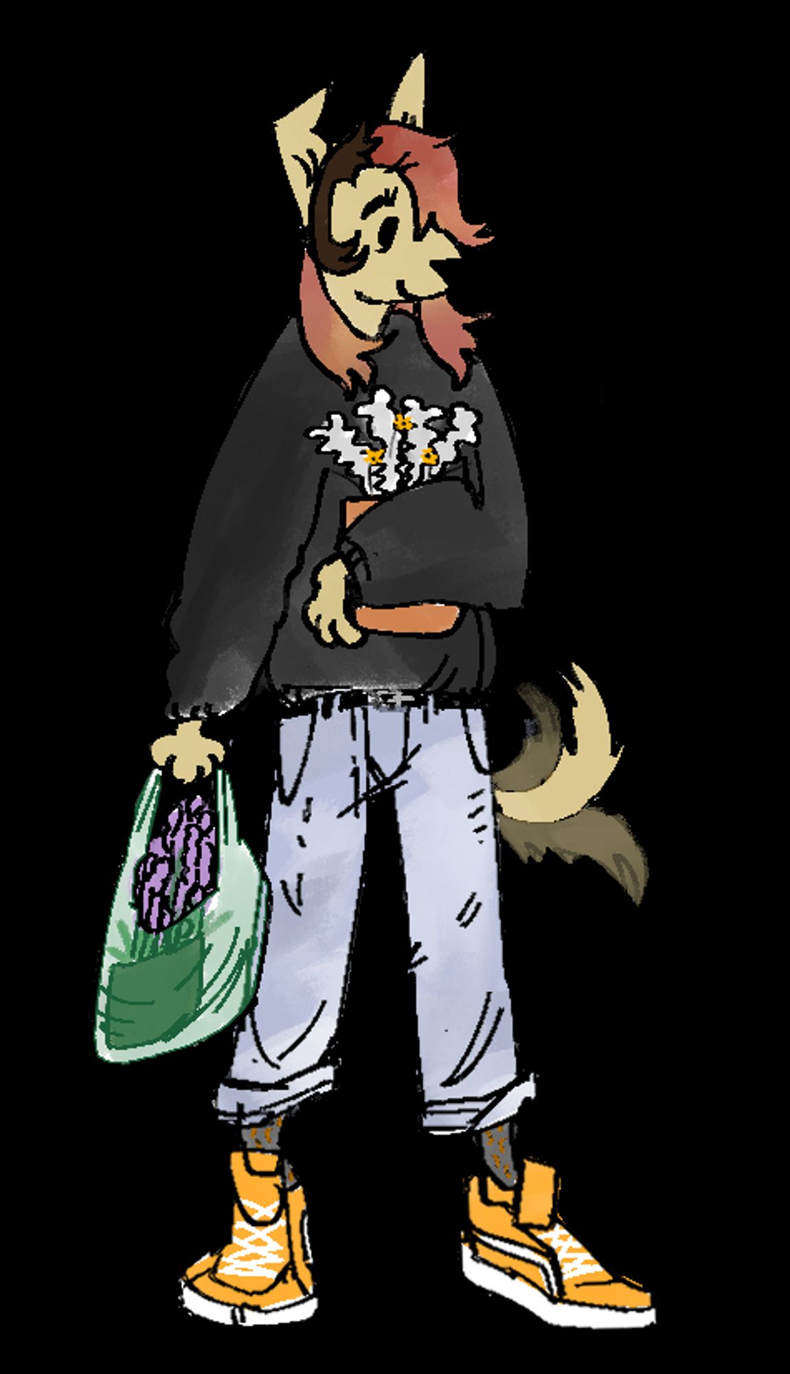 An anthropomorfic dog is standing on an empty background, he is wearing a black sweater, light blue jeans with a black belt, grey socks with a pattern of bananas, and orange yellow vans. The character has a washed-out-red dyed hair, and dark brown sideburns. The character looks happy and is wagging his tail. He is holding with one hand a plastic bag containing a lavender plant (a long stemmed aromatic plant with light purple flowers), and with the other hand he is holding an orange pot with a jacobaea maritima (a white leafed plant with yellow flowers that feels ashy to the touch) against his chest.