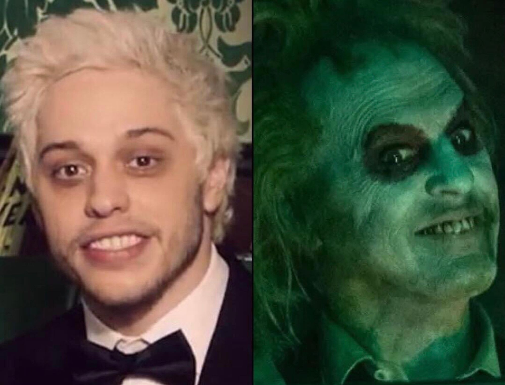 A side by side comparison photo showing Pete Davidson looking very much like Beetlejuice.