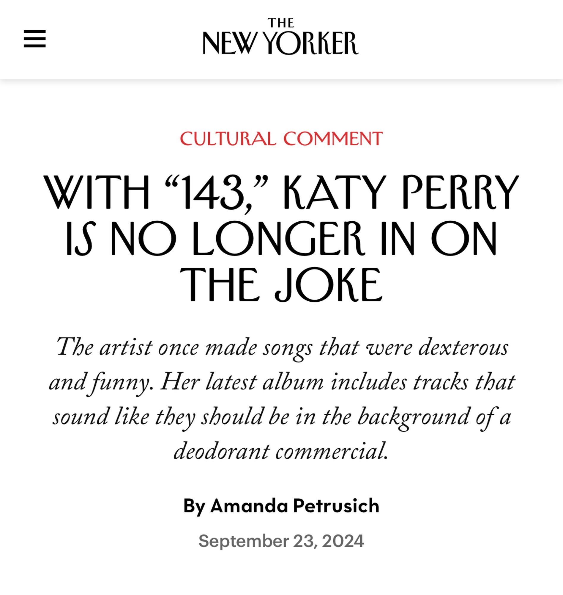 With “143,” Katy Perry Is No Longer in on the Joke
The artist once made songs that were dexterous and funny. Her latest album includes tracks that sound like they should be in the background of a deodorant commercial.