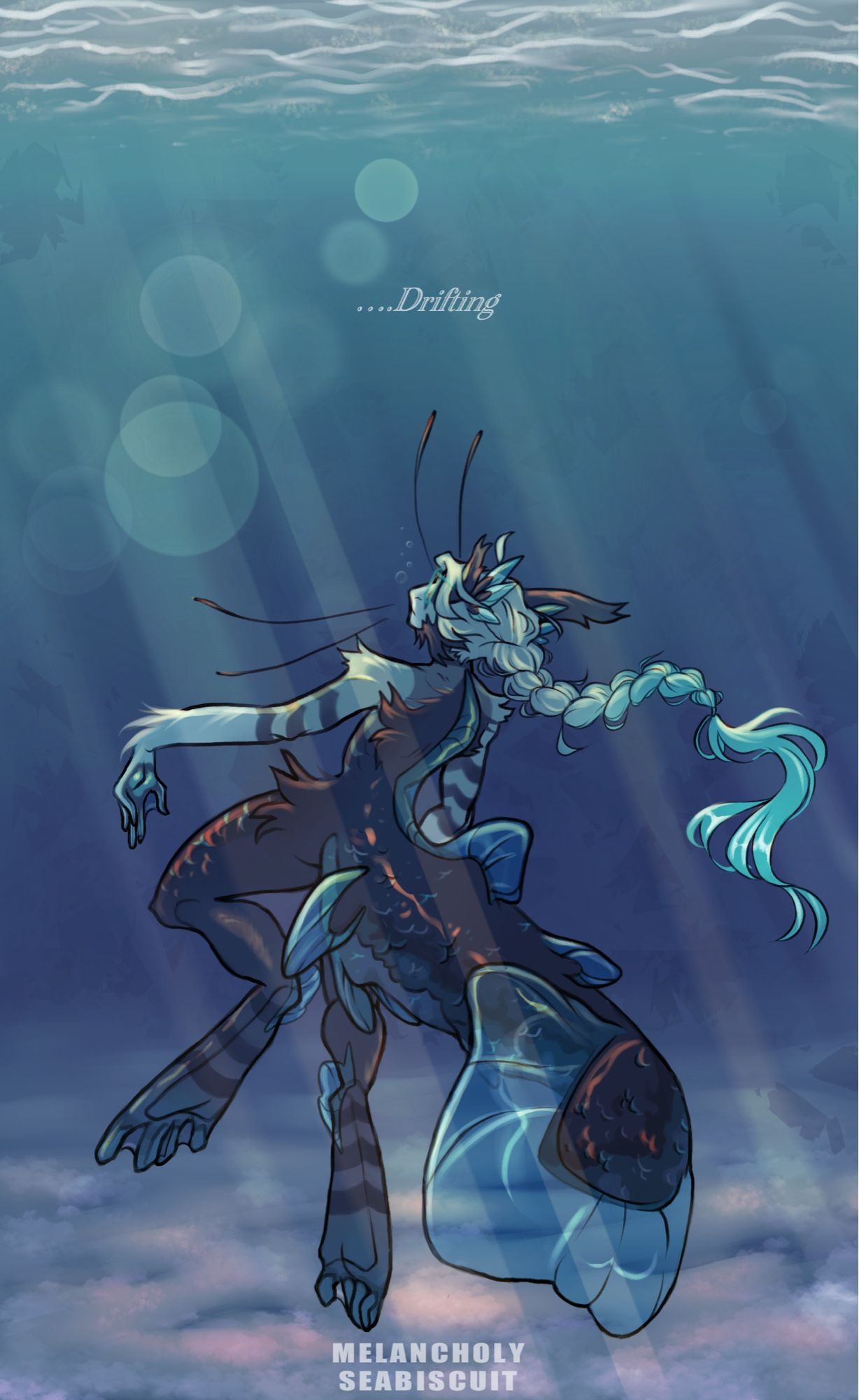 Artwork of my fursona Alexei drifting through a vast empty ocean. The tone is melancholic and imposes a sense of lonesomeness. Alexei is a hybrid of a ragdoll cat and a coelacanth fish. He has a long braid, glasses, and a beige, teal, and brown color scheme. The caption of the post is a poem I wrote to accompany it.