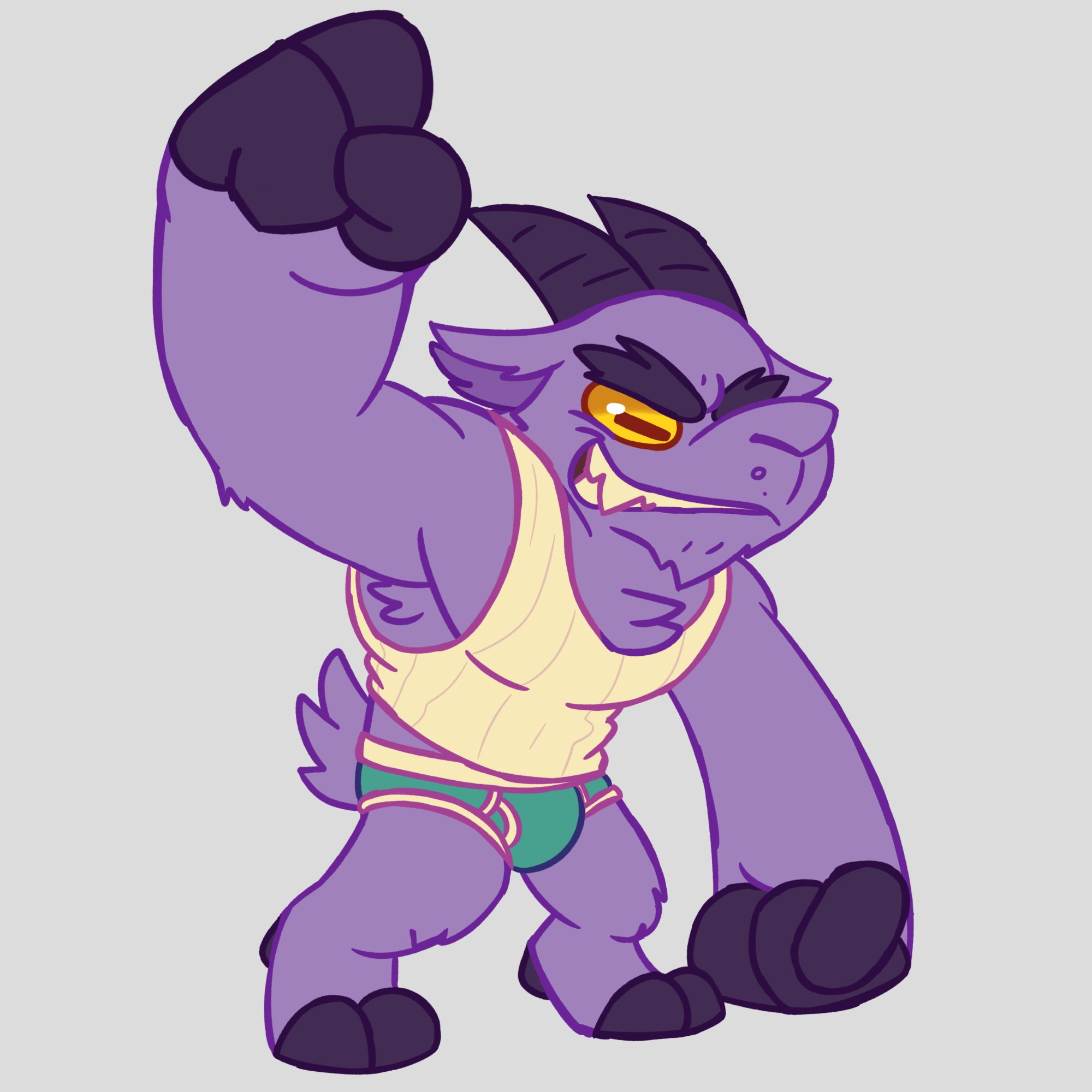 Purple weregoat wearing a white tank top and teal briefs.