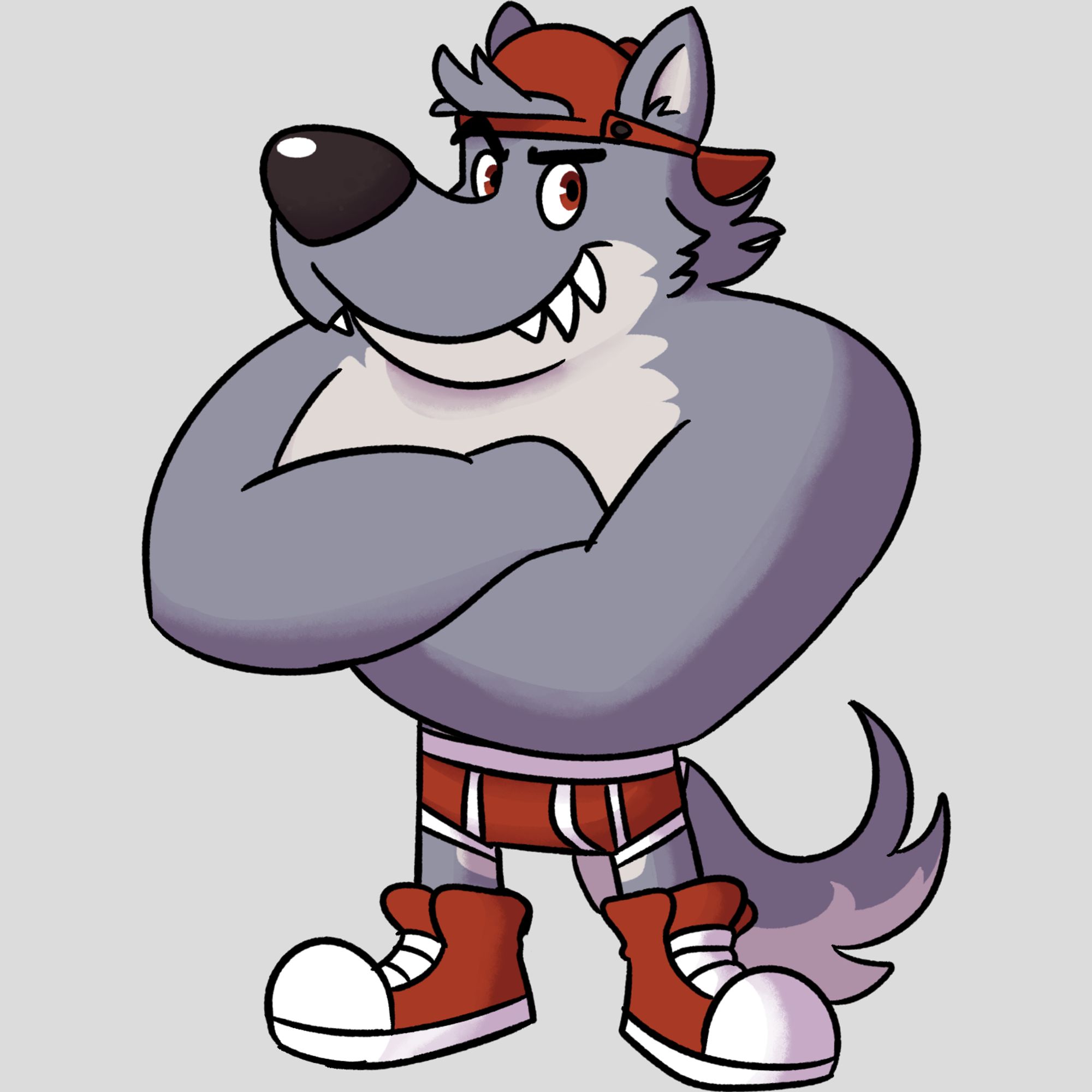 Cartoon werewolf wearing a matching red briefs, shoes, and cap outfit.