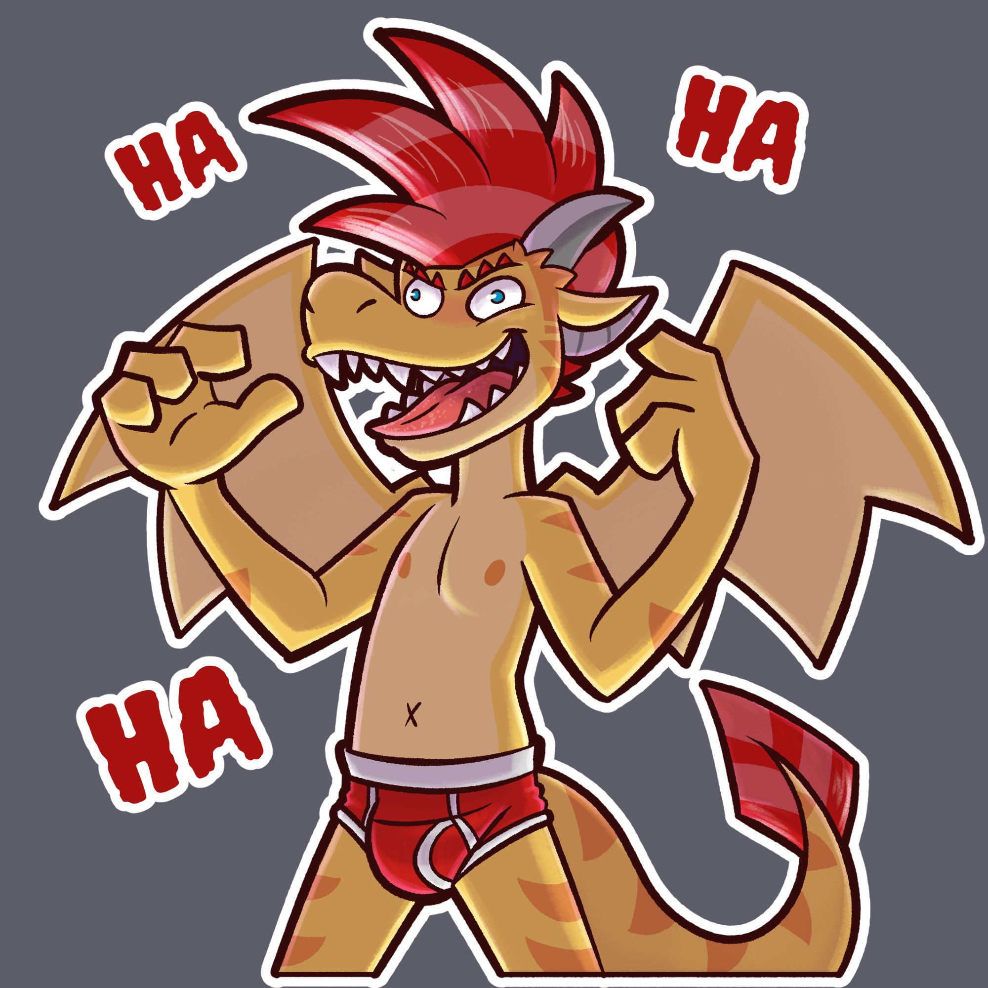 Yellow gargoyle in red underwear laughing evilly.