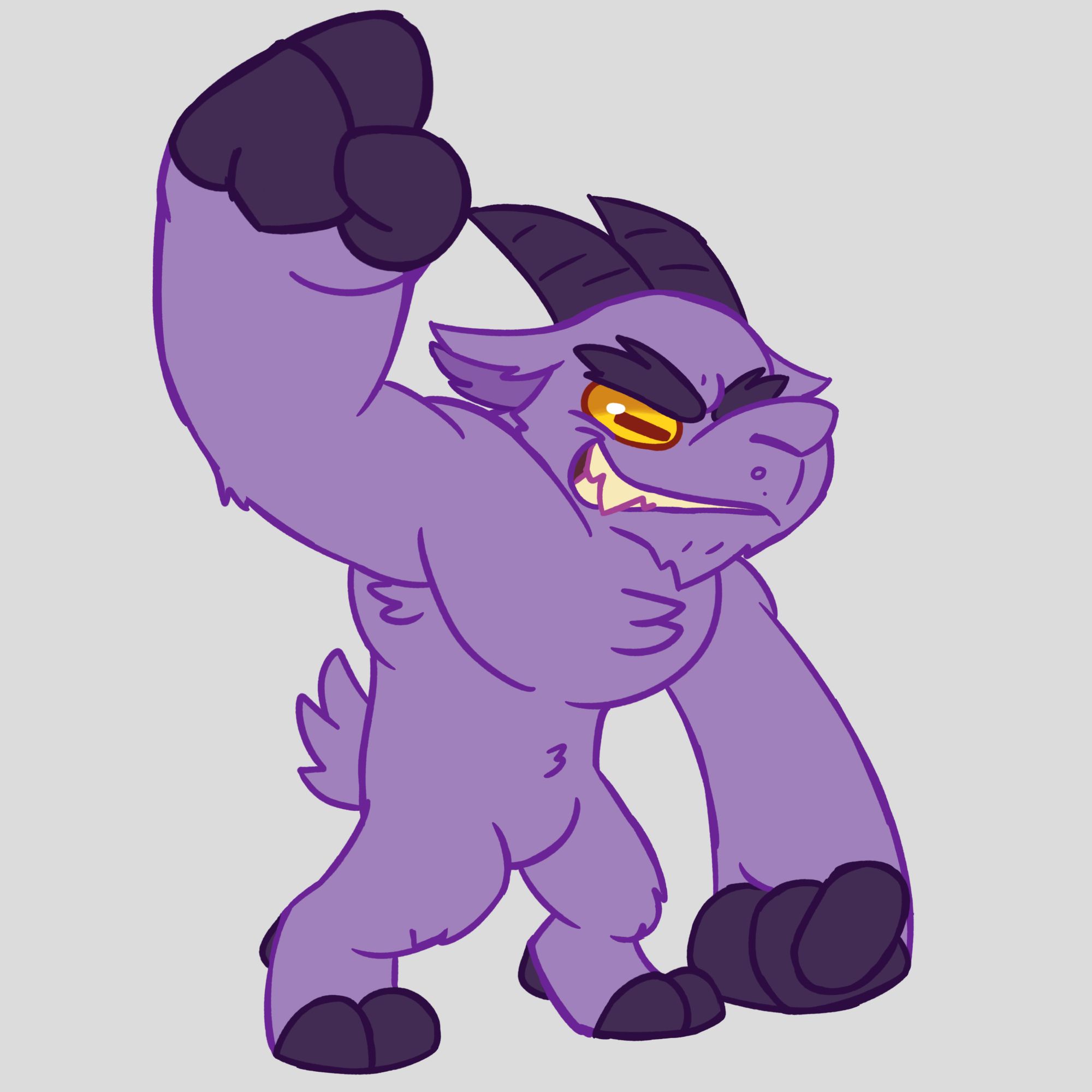 Naked purple weregoat with massive hands.