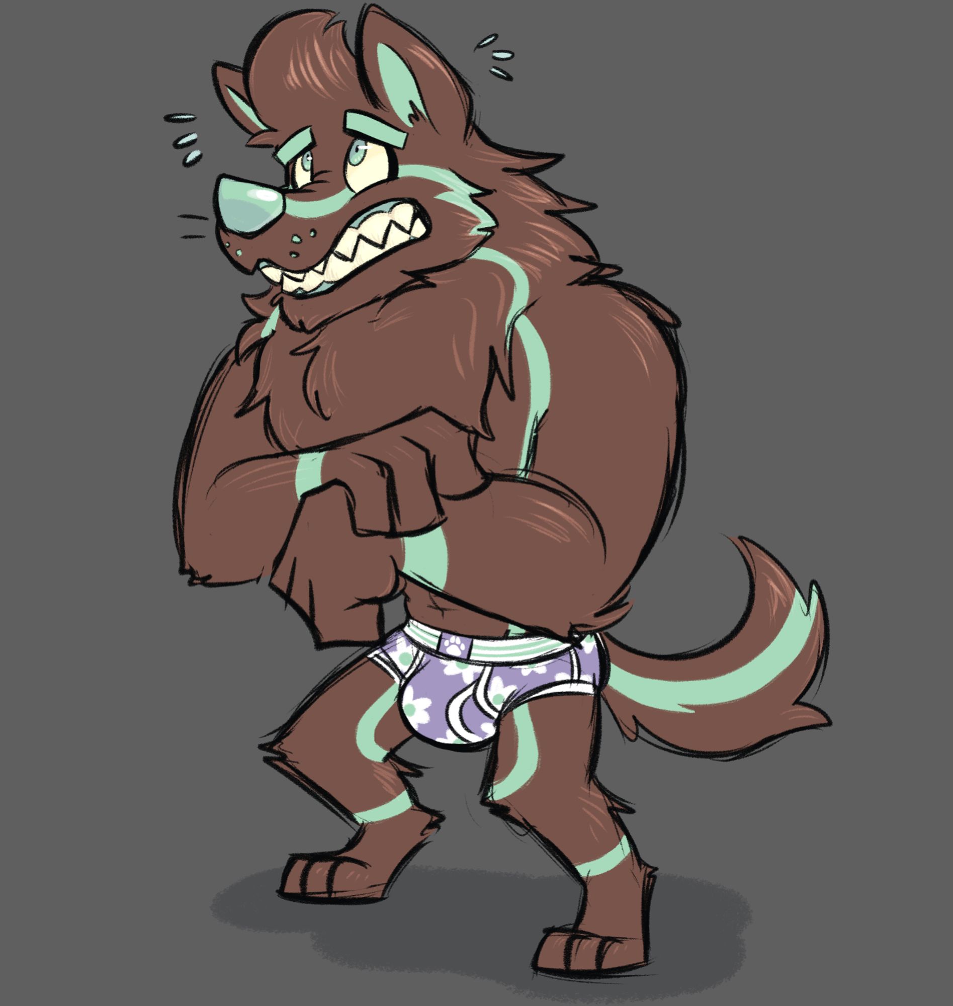 Shy mint chocolate werehusky in flowery purple briefs.