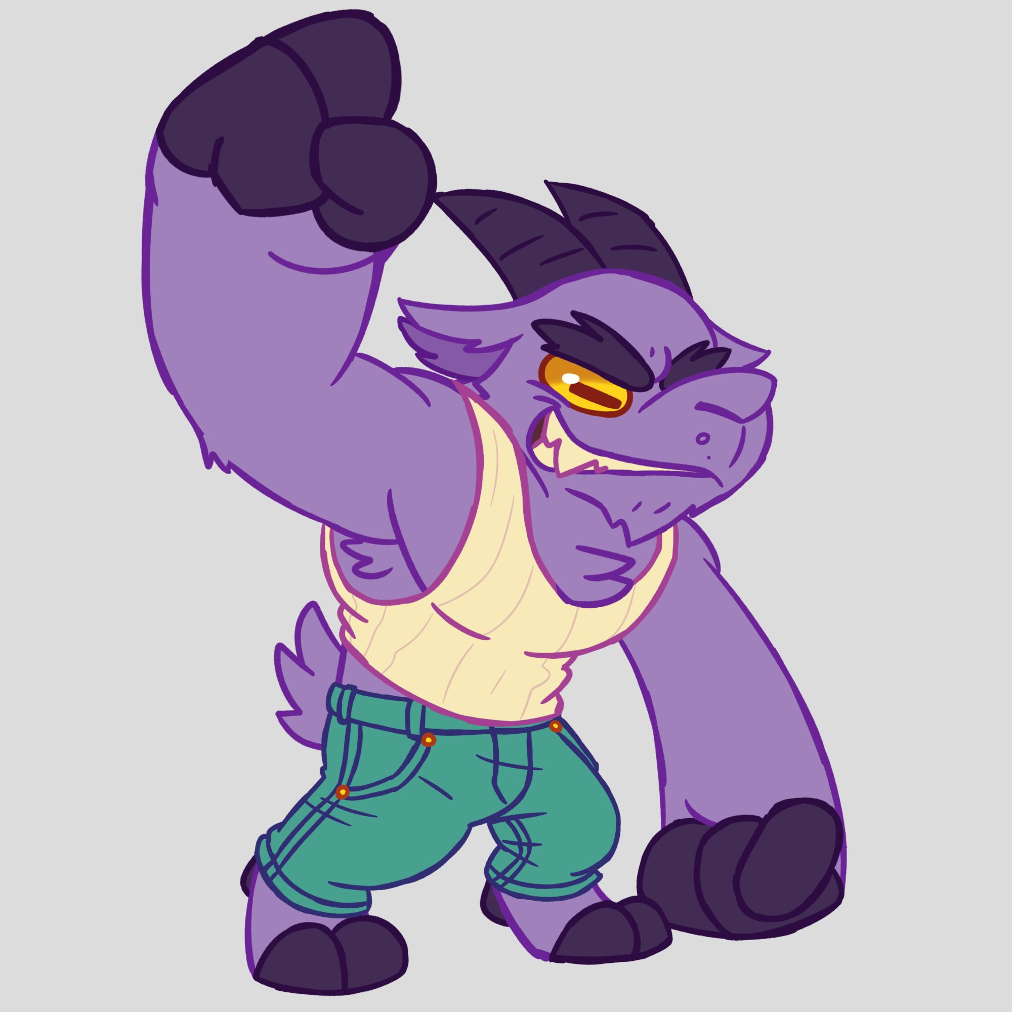 Purple weregoat wearing a white tank top and teal jeans.