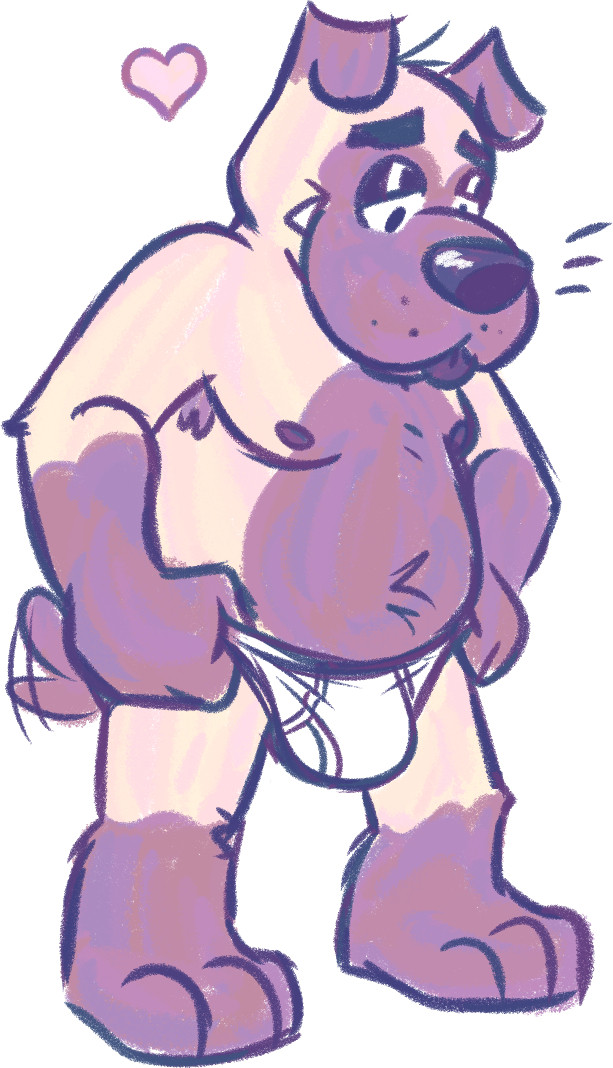 Dog tugging on his underpants. He's wagging his tail and there's a little heart next to his head.