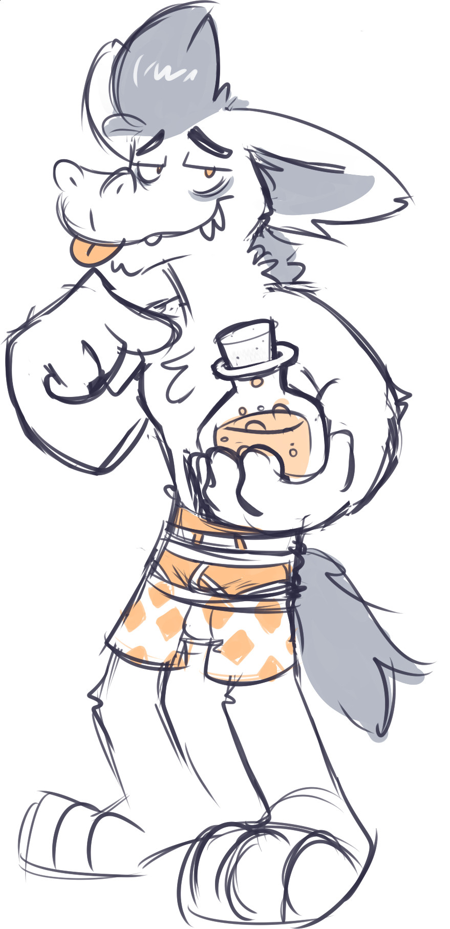 Jasper wearing three pairs of underwear. He's trying to sell you a strange potion.