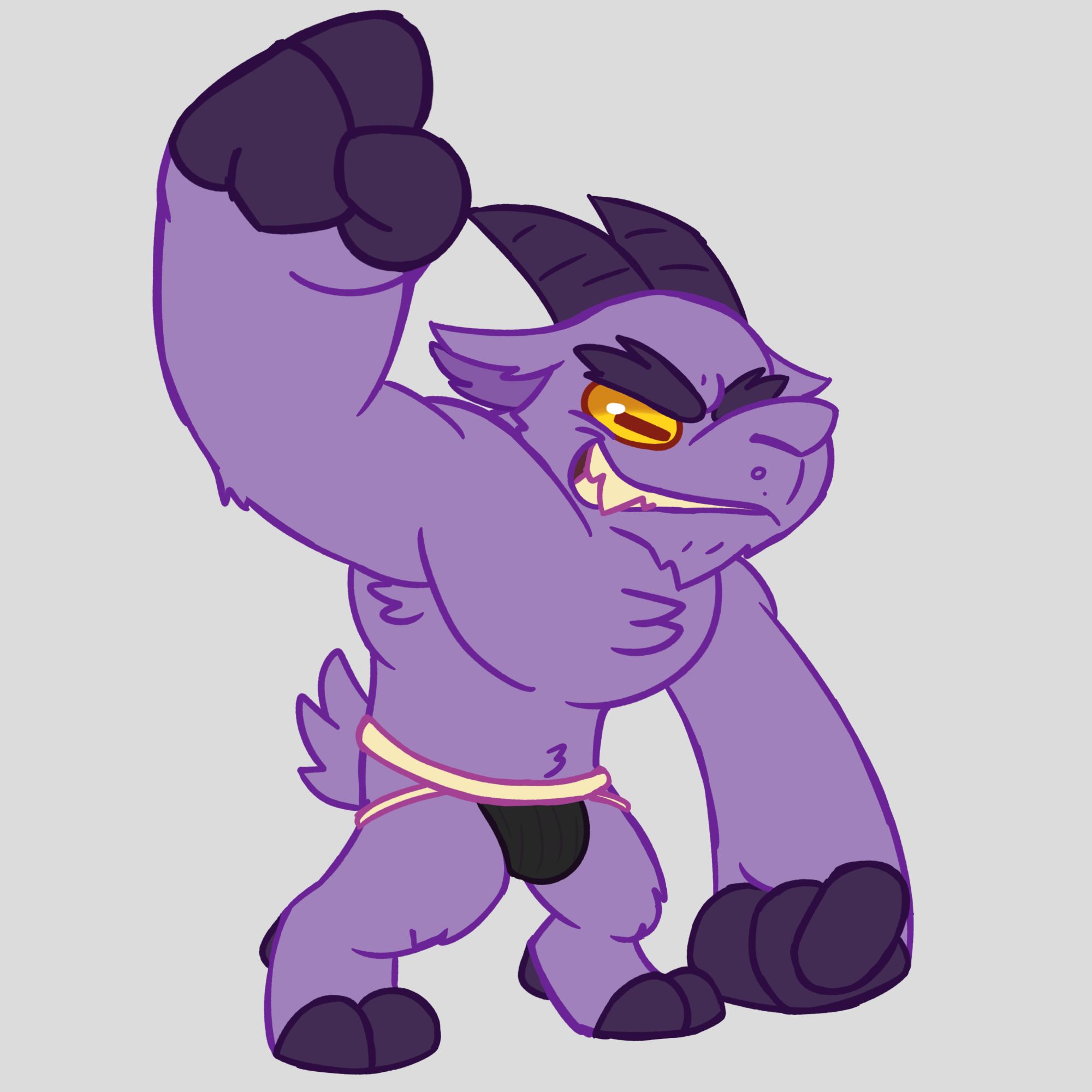 Purple weregoat wearing a black jockstrap.