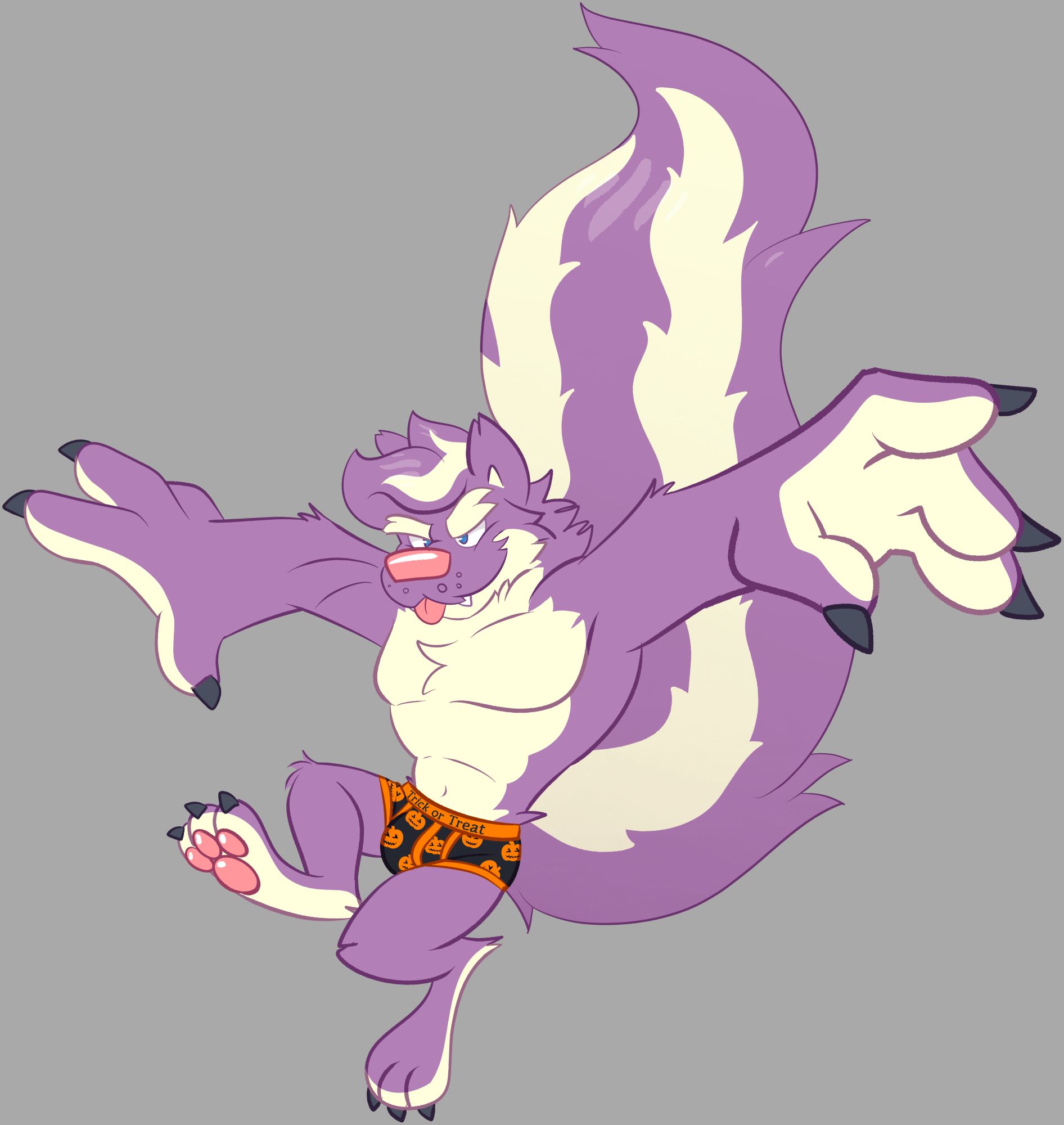 My fursona as a wereskunk with massive hands. He's wearing black and orange pumpkin-print briefs with "trick or treat" printed on the waistband.