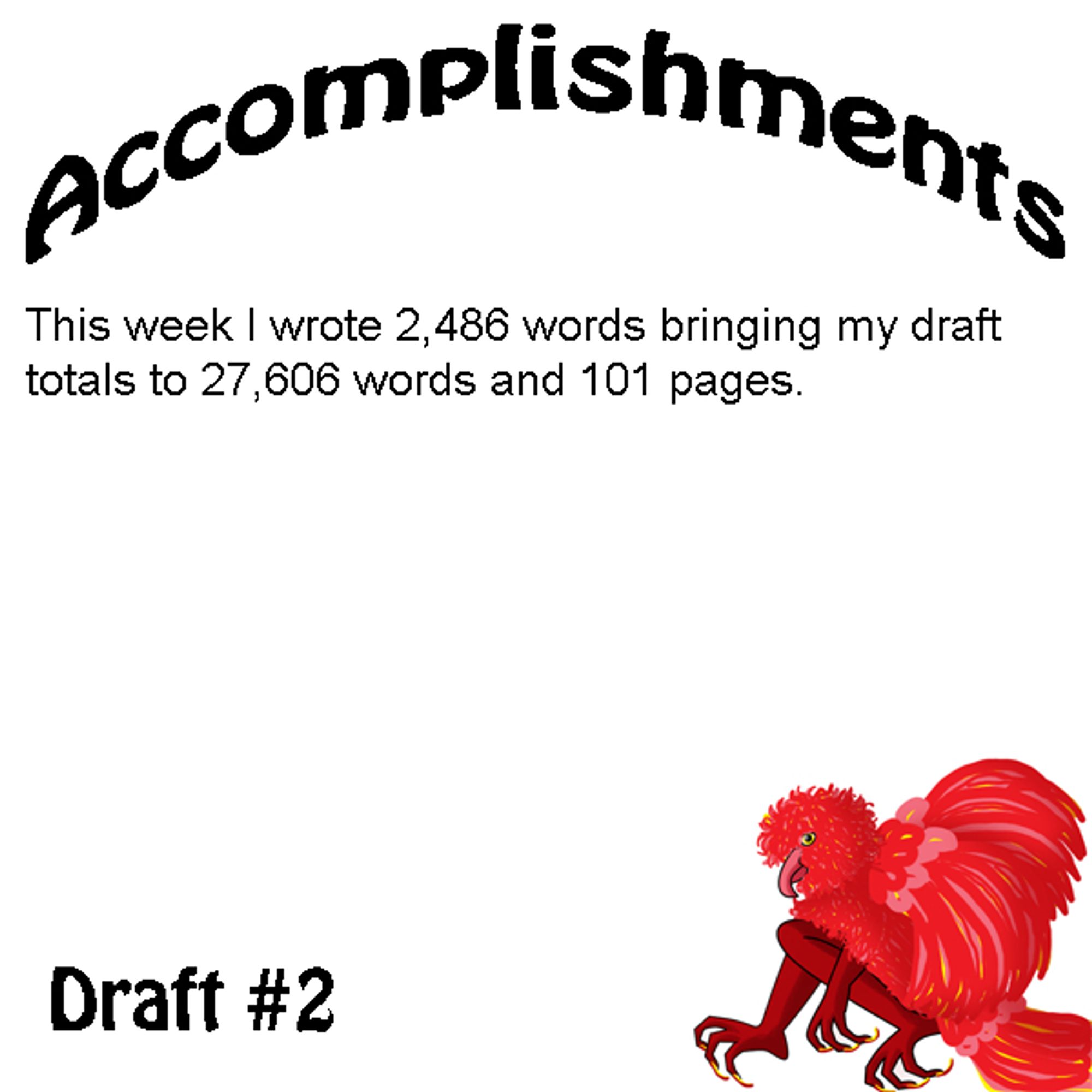 A draft 2 accomplishments card that read "This week I wrote 2,486 words bringing my draft totals to 27,606 words and 101 pages"