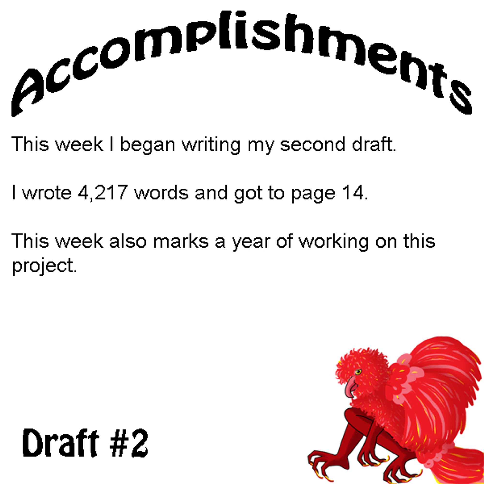 A draft 2 accomplishments card that reads, "This week I began writing my second draft. I wrote 4,217 words and got to page 14. This week also marks a year of working on this project."