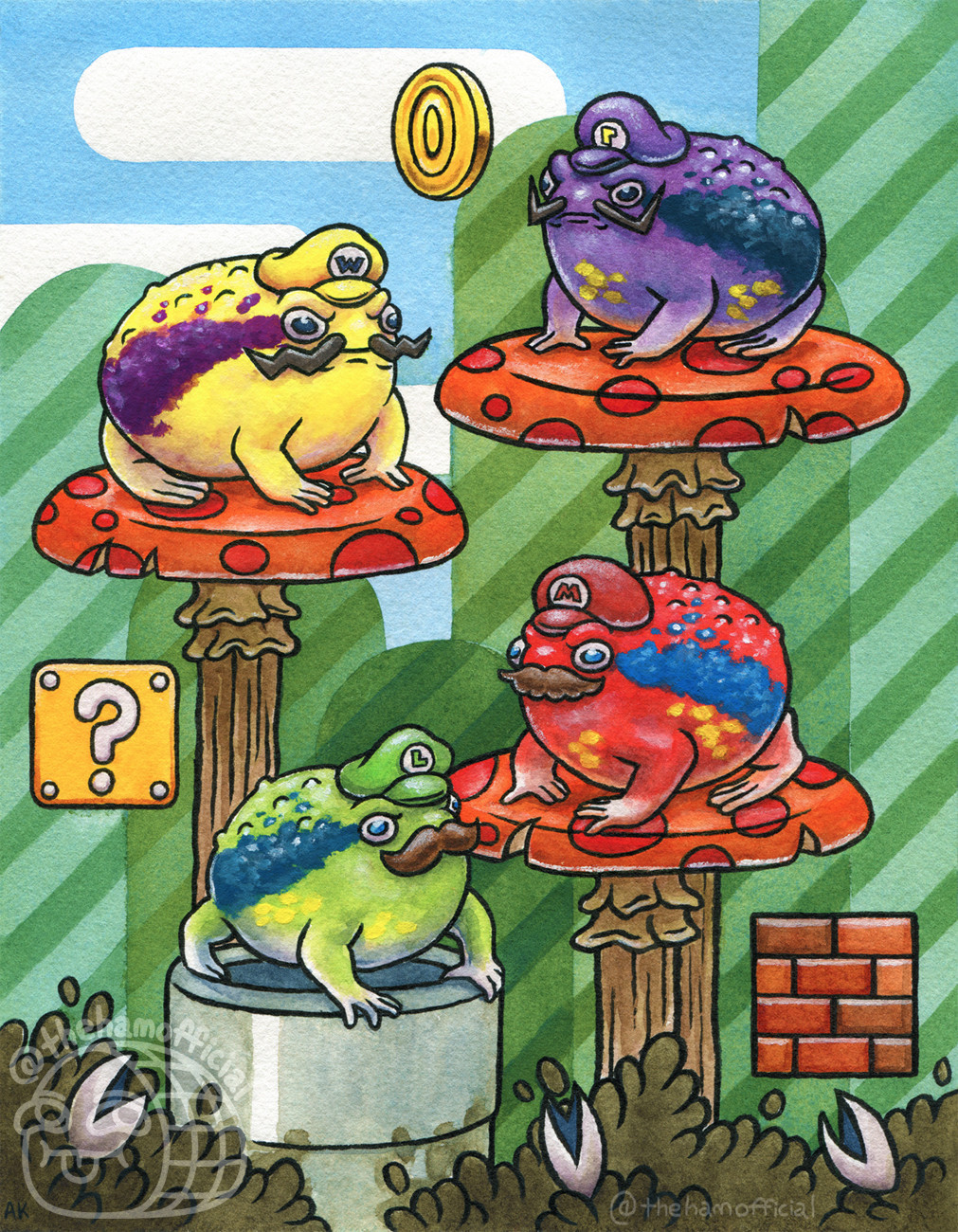 4 frogs on mushrooms and a pipe in a mario-level looking scene. The frogs are dressed up like waluigi, wario, mario and luigi. #queerart #artistsupport #artshare #queerart #artboost #art #frog #toad