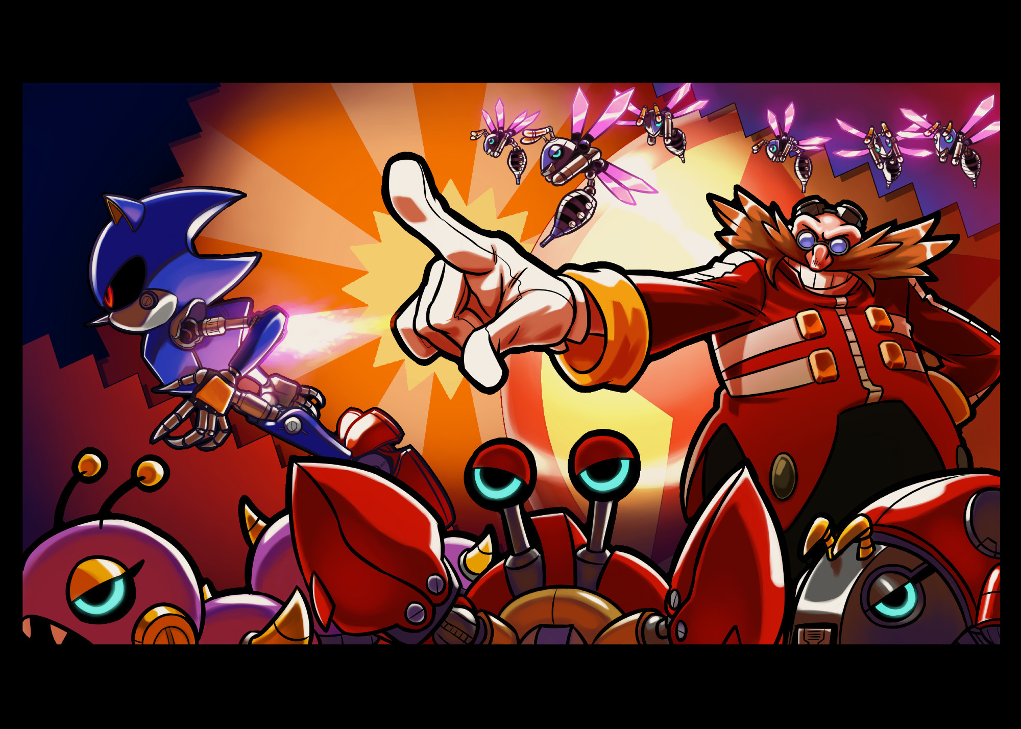 Digital art I did of Dr. Eggman from sonic games pointing a big gloved finger off into the distance while his army of robots flies and stampedes around him. Also Metal Sonic is there too.