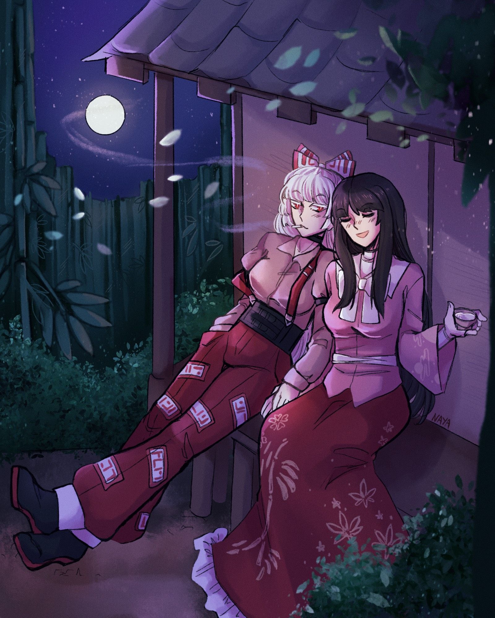 Digital art illustration of Kaguya Houraisan and Fujiwara no Mokou from Touhou Project