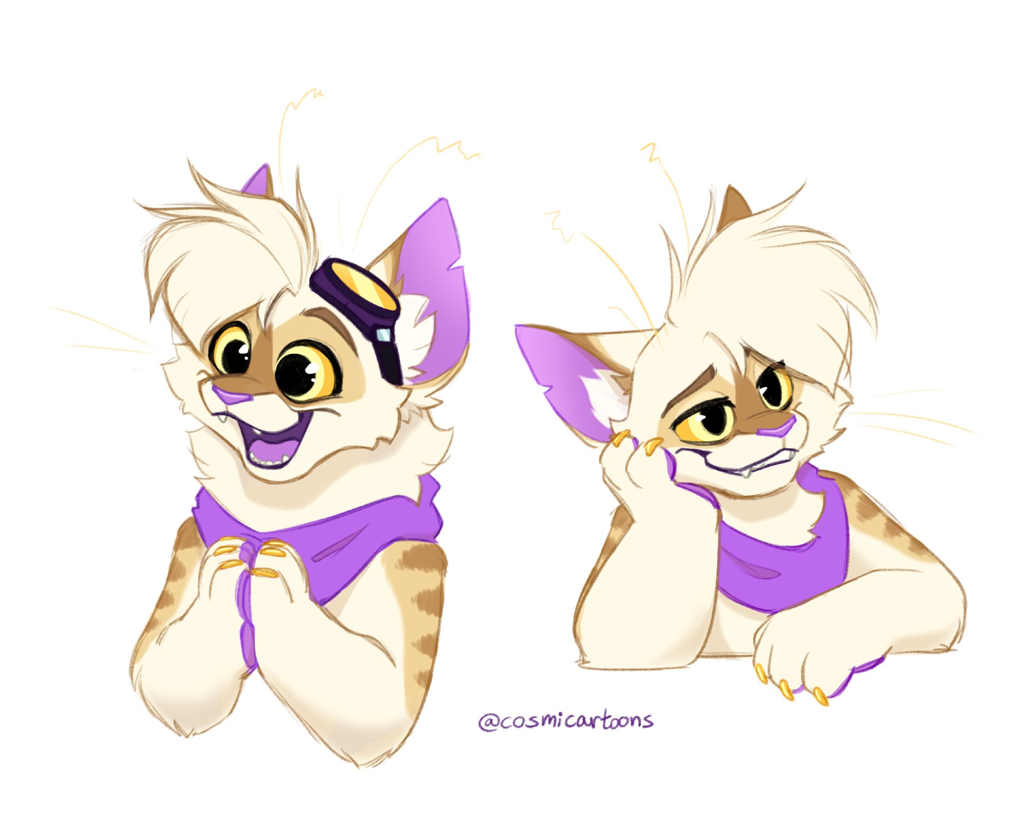 Alternate cat version of my alien fursona! It's a cream colored striped cat with purple pawpads and yellow eyes