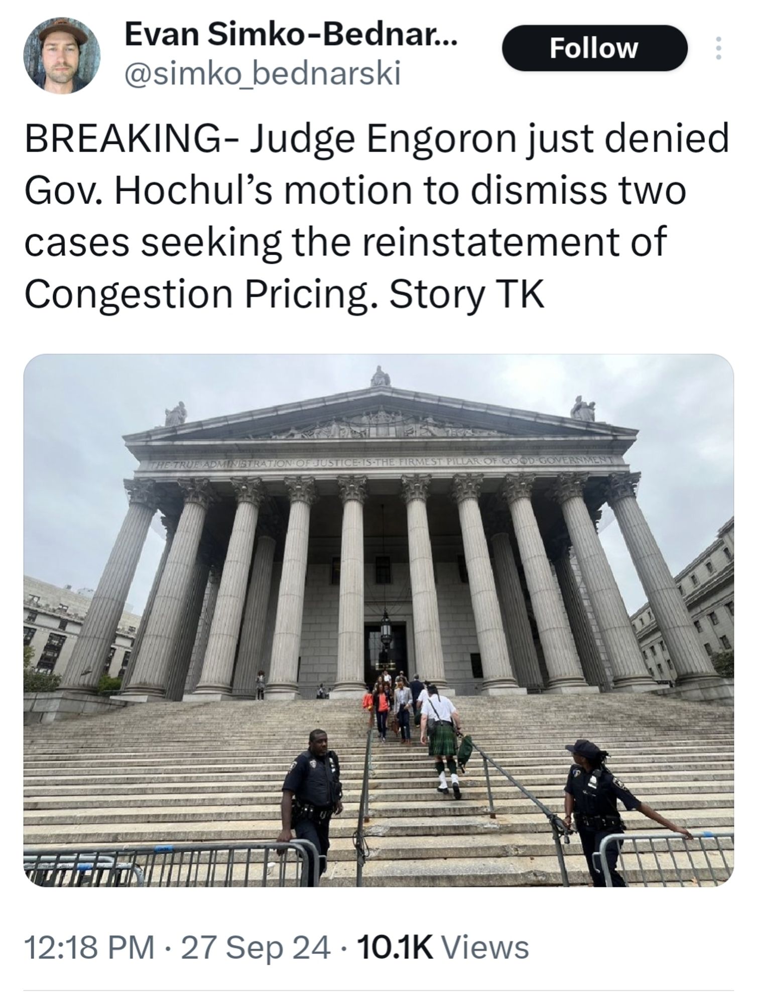 BREAKING- Judge Engoron just denied Gov. Hochul’s motion to dismiss two cases seeking the reinstatement of Congestion Pricing. Story TK