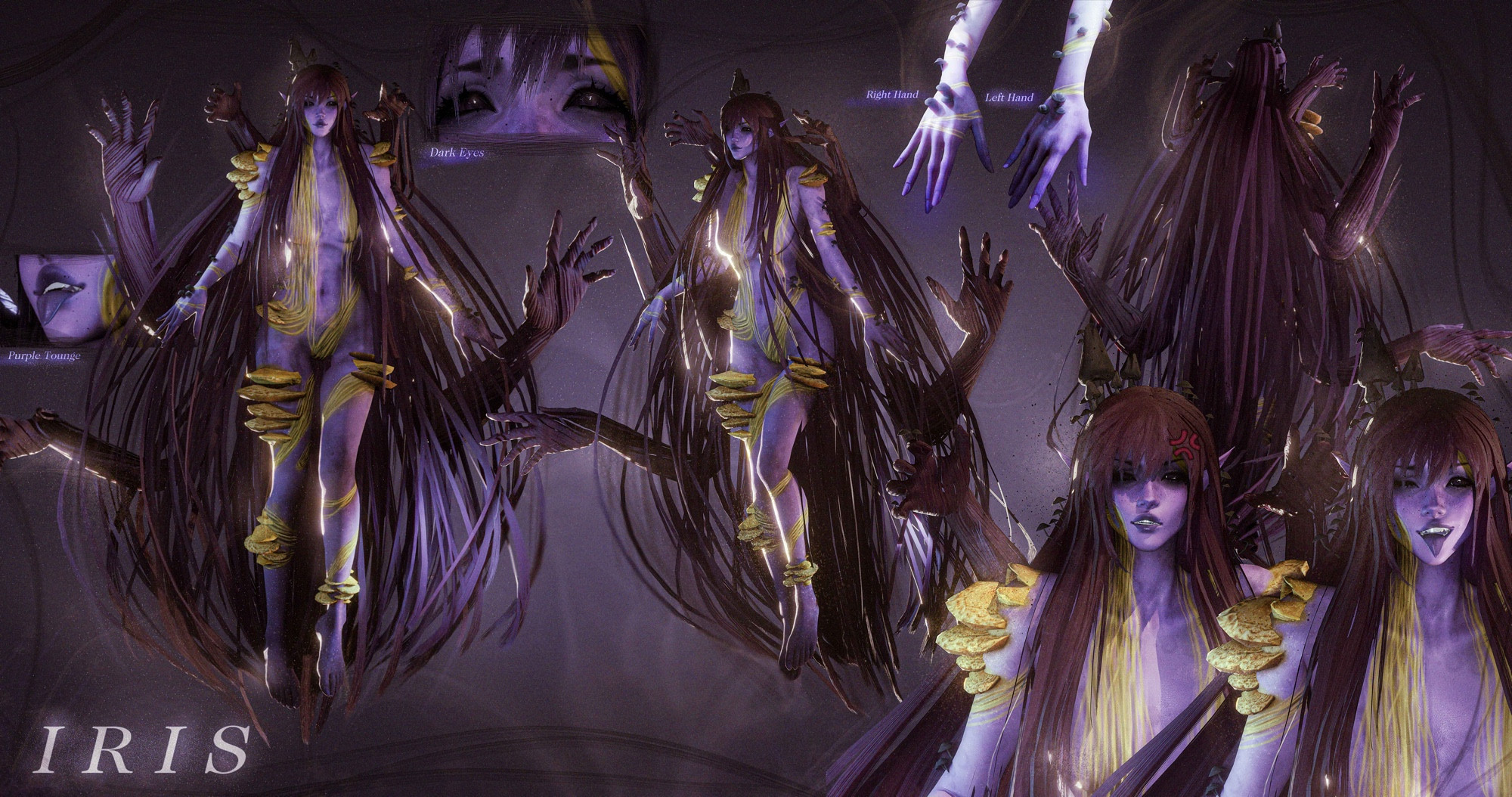 Iris a purple woman covered in black and yellow mushrooms and yellow slime mold with long black hair that had prehensile attributes which form into hands in several poses and close ups