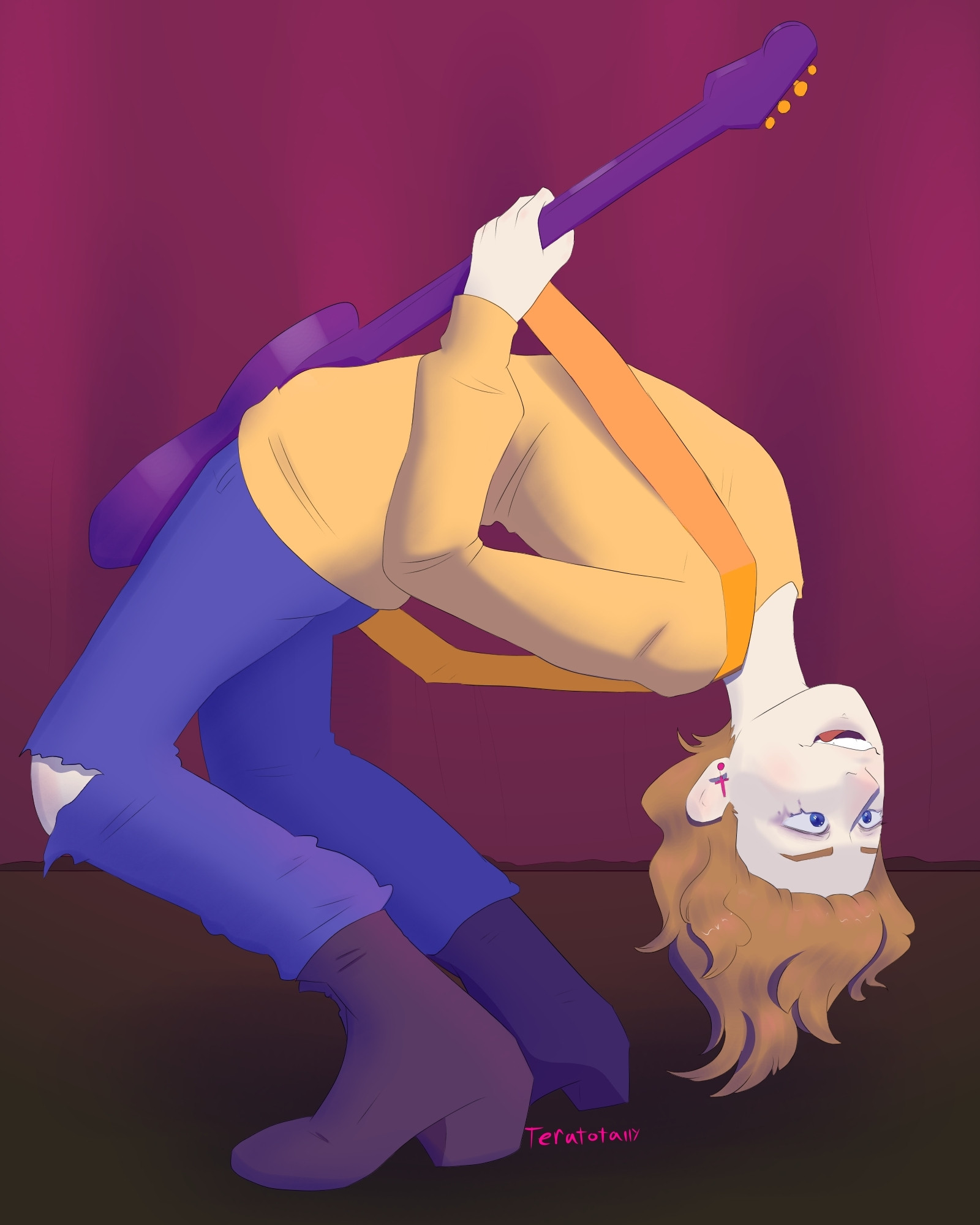 Digital art of a character playing guitar while bending backward.