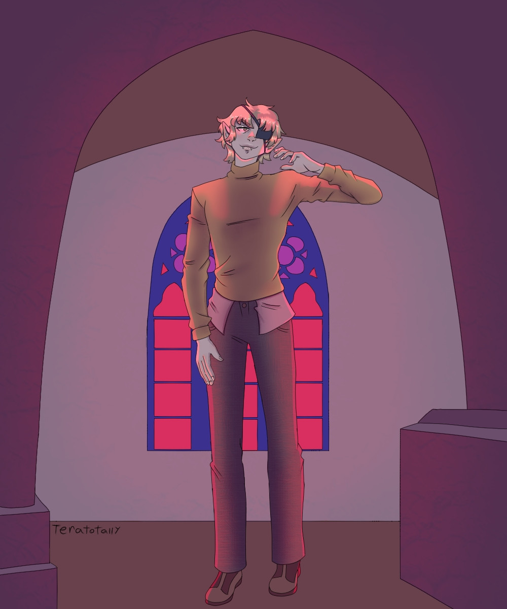 Digital art of a vampire in front of a stained glass window. 