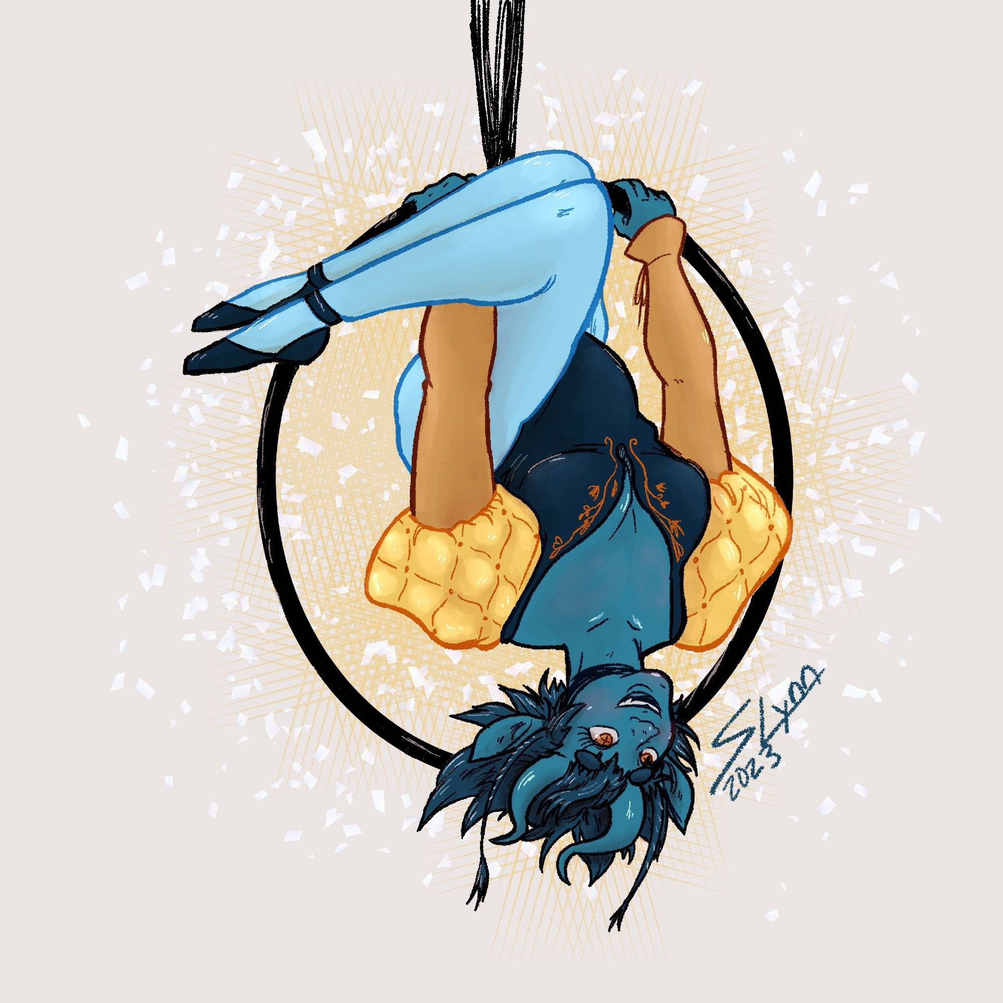 Blue tiefling girl performing acrobatics from a hoop