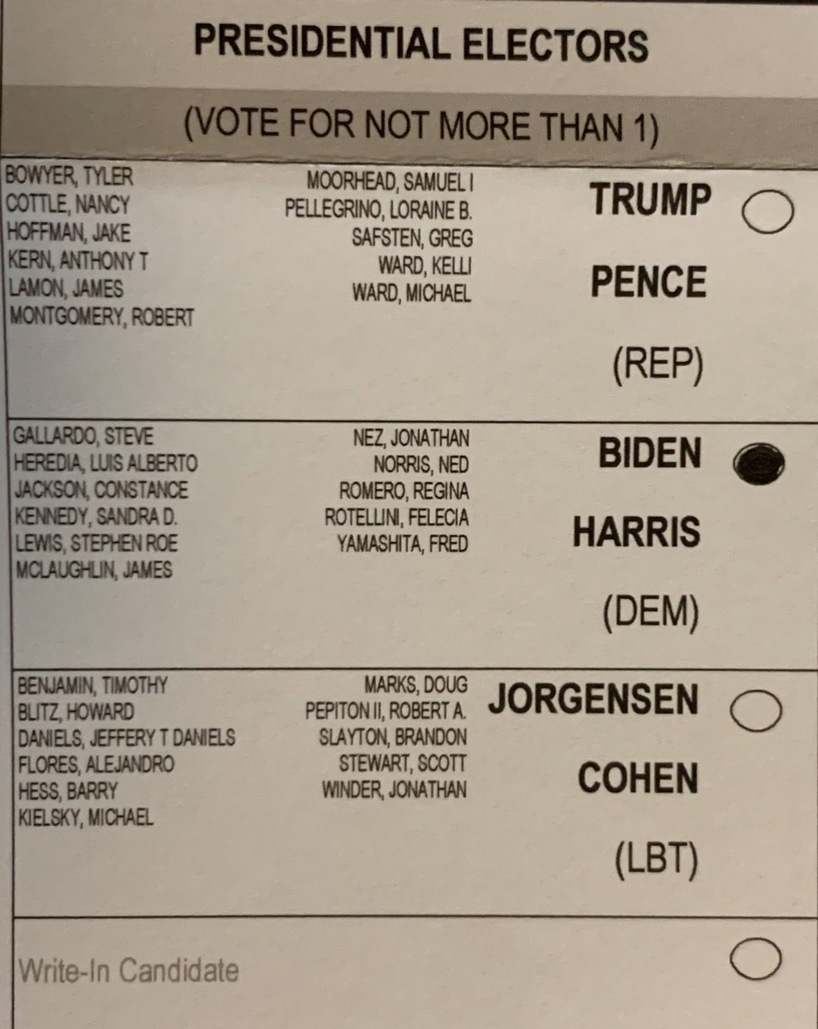 picture of 2020 presidential ballot showing vote marked for Genocide / then just crime-bill and jim crow Joe Biden and top-cop Harris