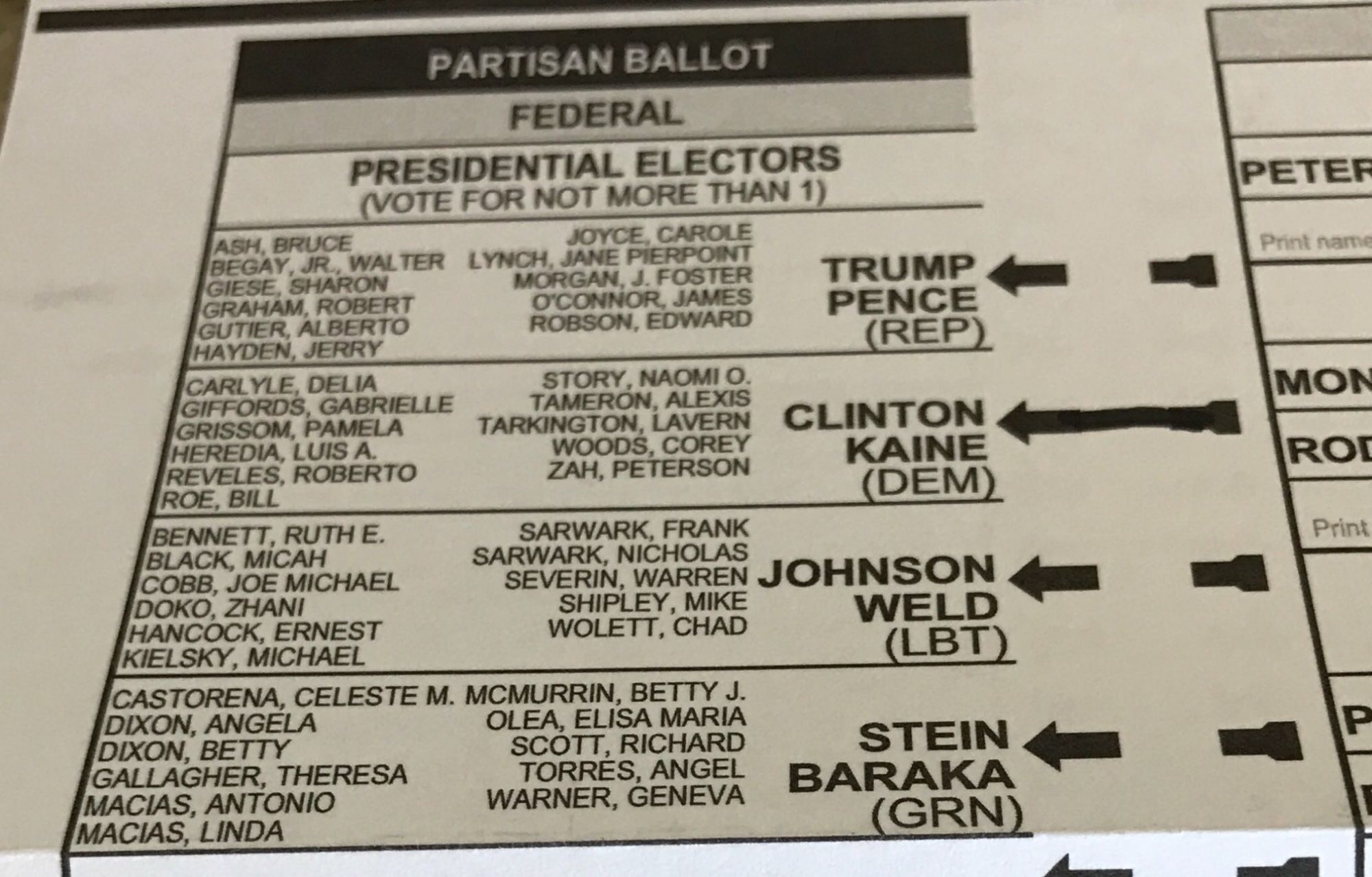 picture of 2016 ballot showing Clinton Kaine marked