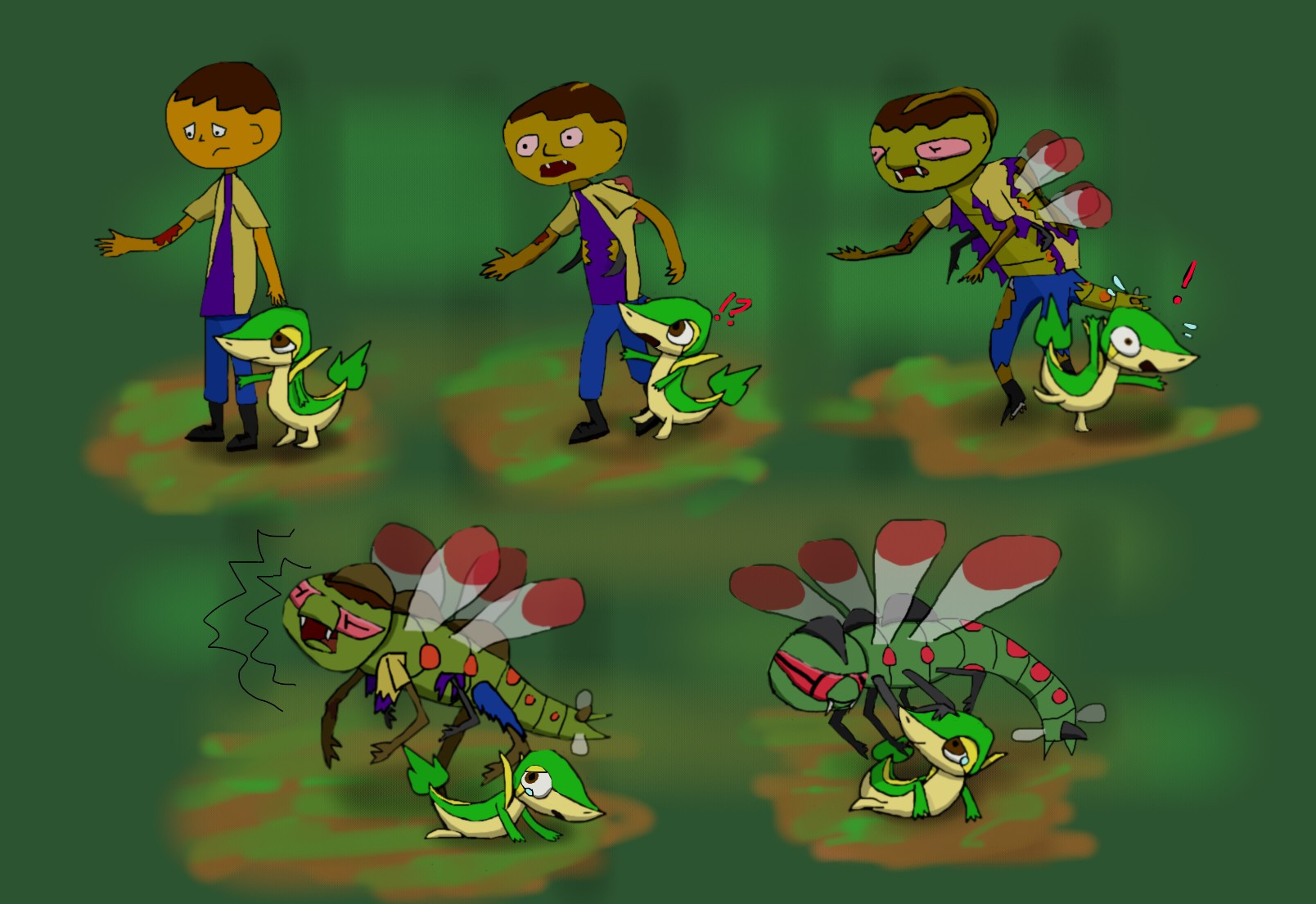 A 5 stage sequence, set in a dark green background vaguely representing a shaded woods. A man looks concerningly at bite marks on his arm alongside his pet snivy, until suddenly said man transforms into a yanmega, growing wings, a tail/abdomen, and extra limbs, with his clothes being ripped to shreds. His poor snivy is panicked in horror by its trainer suddenly becoming a feral pokemon, though in the end, the yanmega would pet and comfort his snivy, calming the snivy.